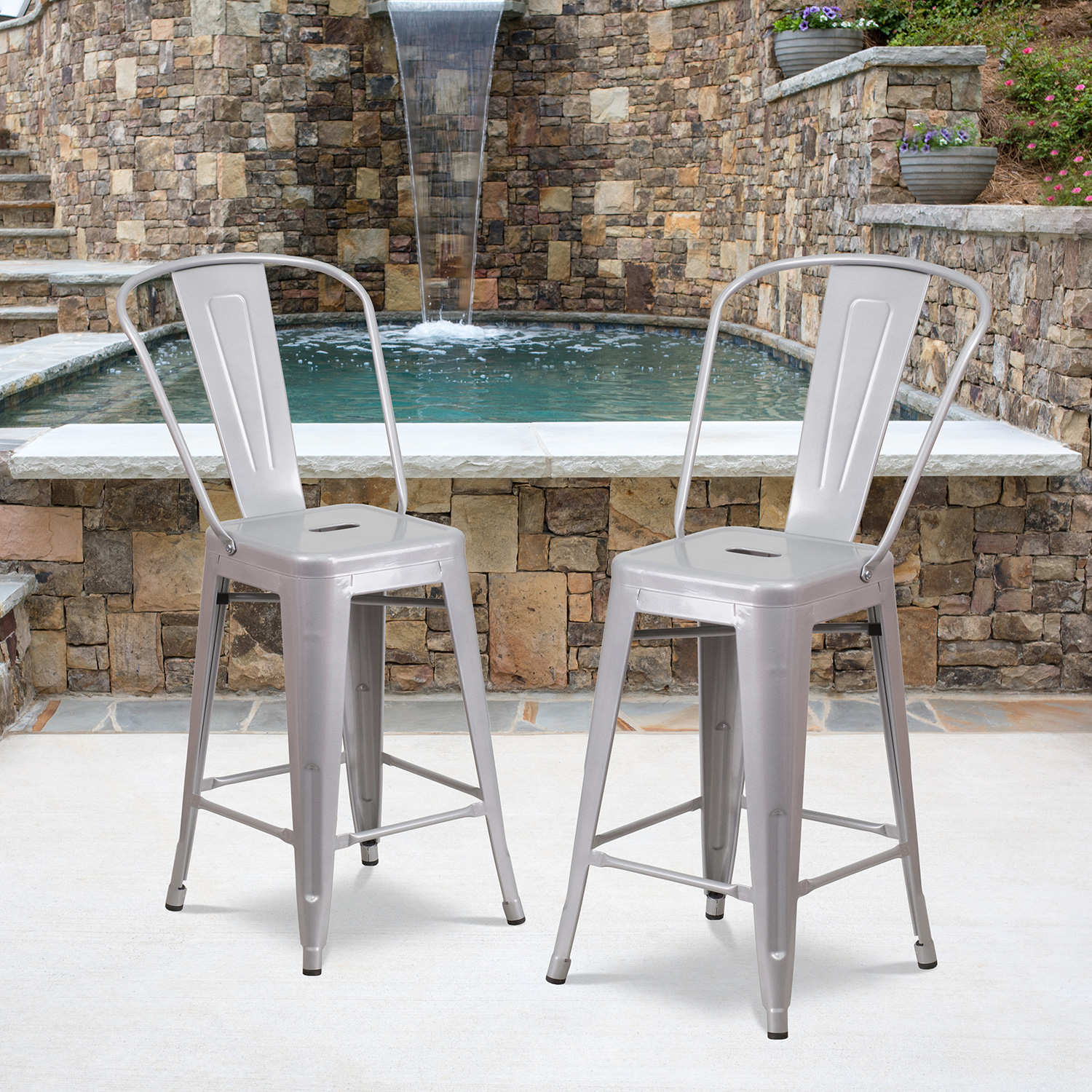 BLNK Kai Commercial Metal Indoor-Outdoor Counter Height Stool with Removable Back