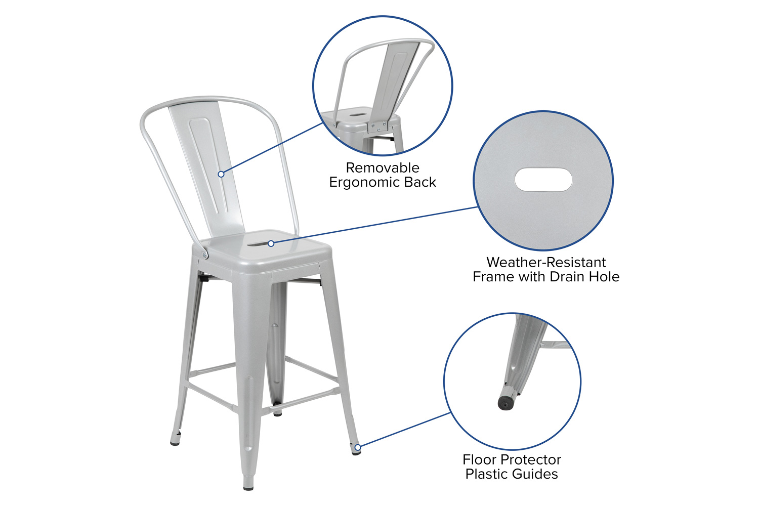 BLNK Kai Commercial Metal Indoor-Outdoor Counter Height Stool with Removable Back - Silver