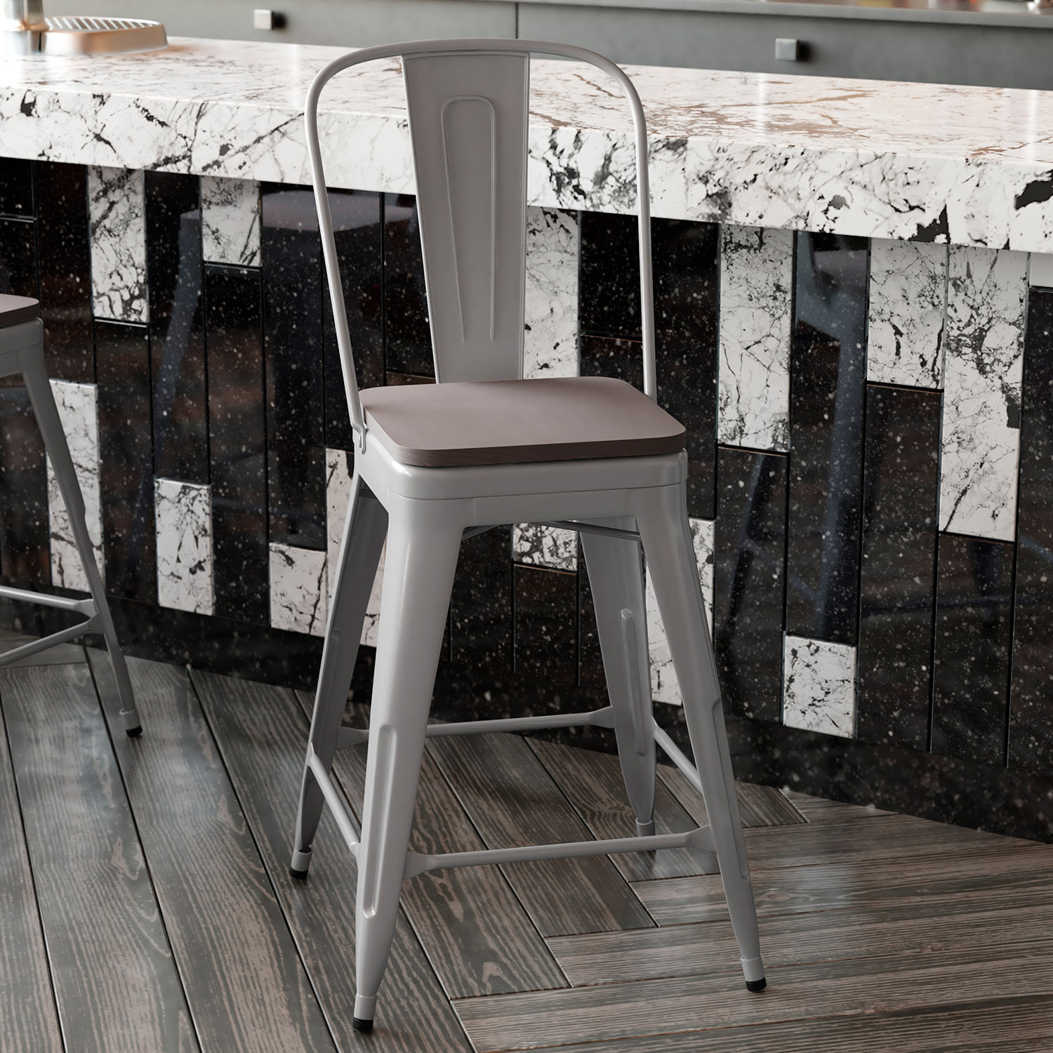 BLNK Kai Commercial Metal Indoor-Outdoor Counter Height Stool with Removable Back and All-Weather Poly Resin Seat - Silver/Gray