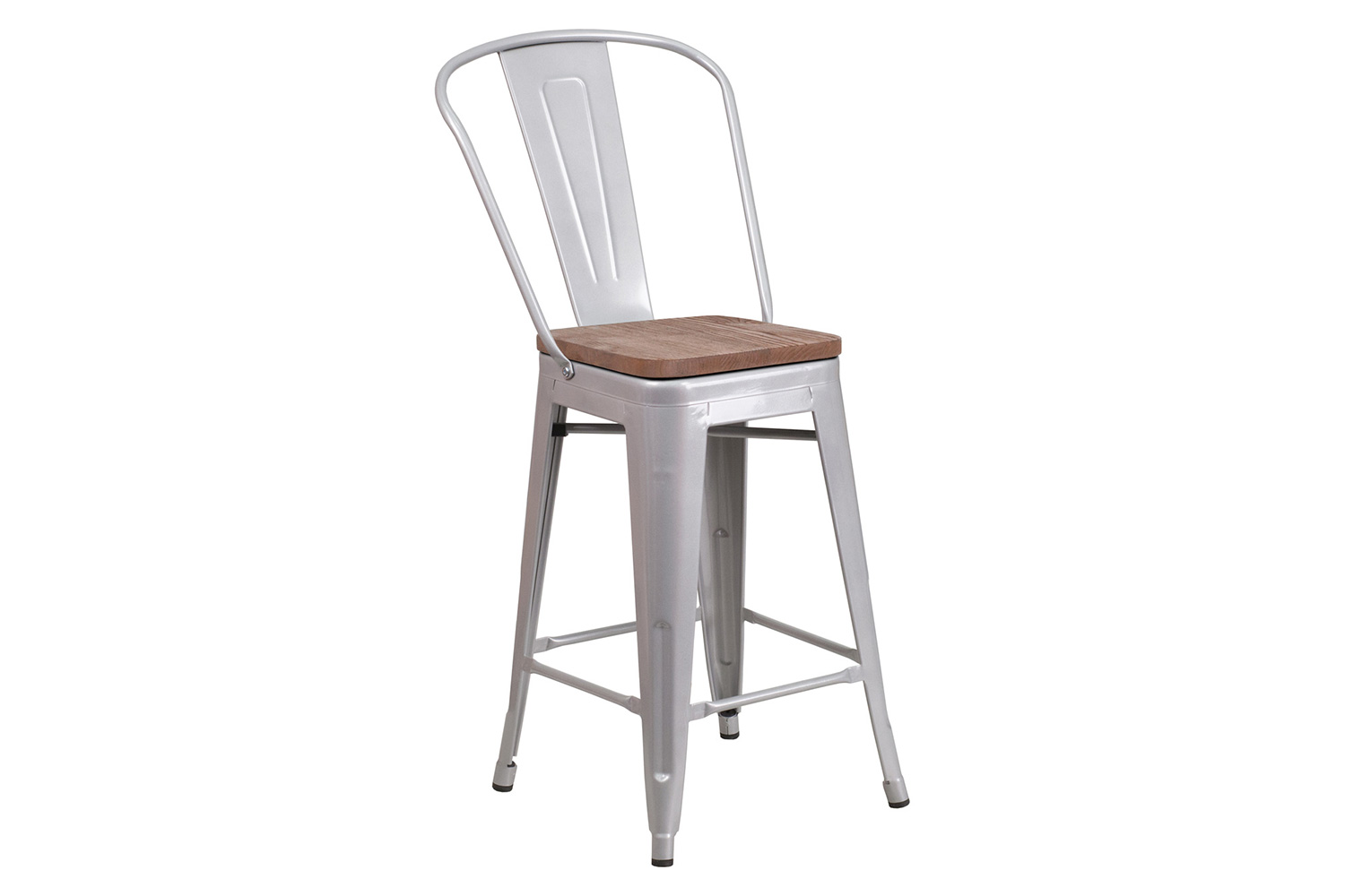 BLNK Lily Metal Counter Height Stool with Back and Wood Seat - Silver