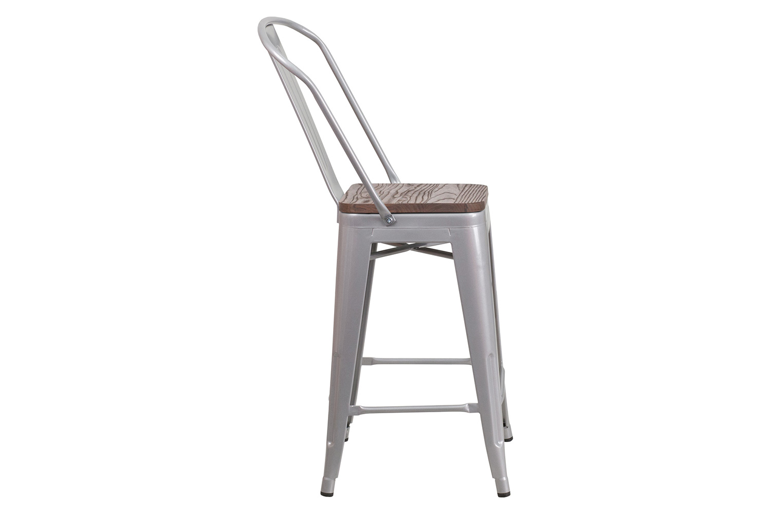 BLNK Lily Metal Counter Height Stool with Back and Wood Seat - Silver