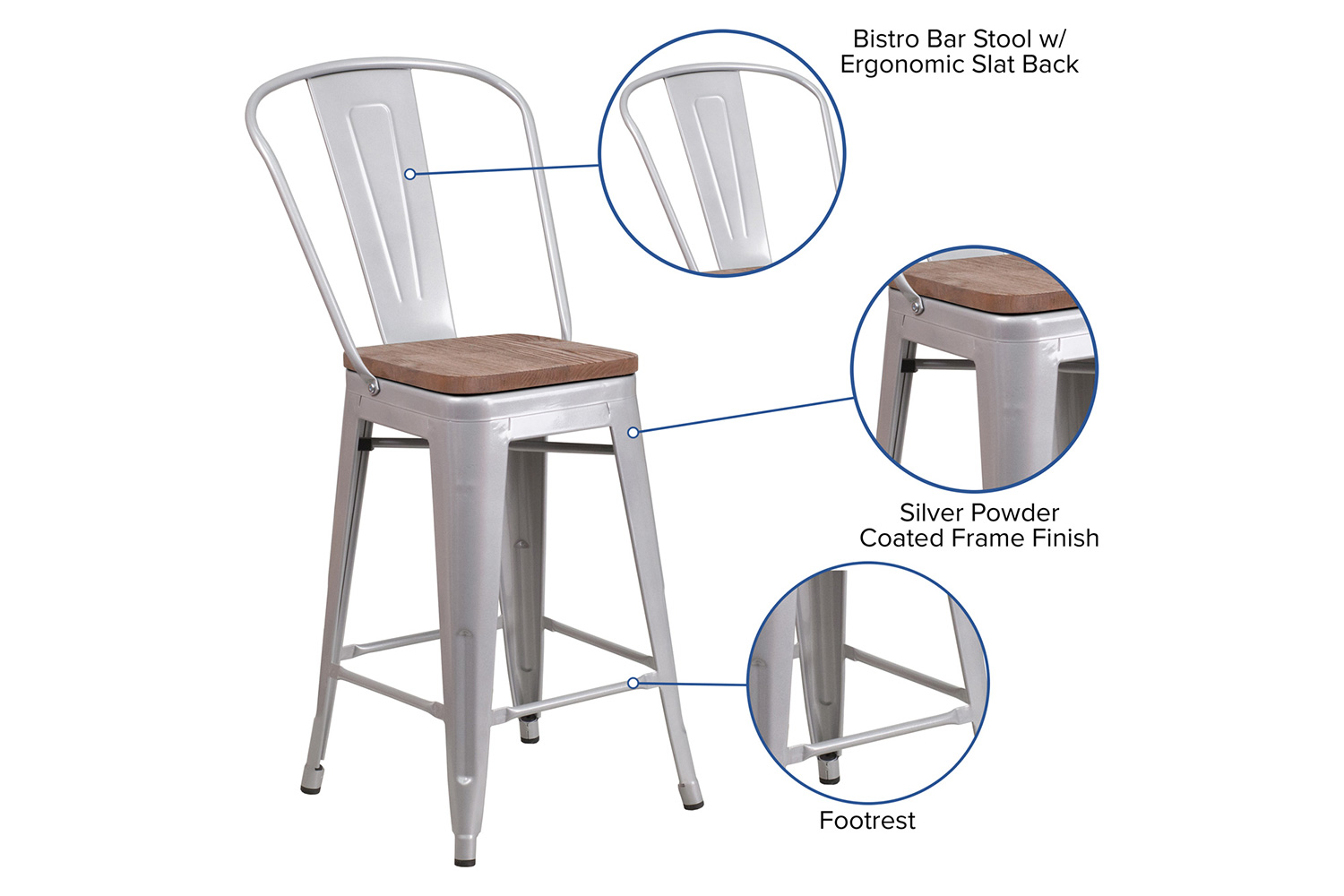 BLNK Lily Metal Counter Height Stool with Back and Wood Seat - Silver