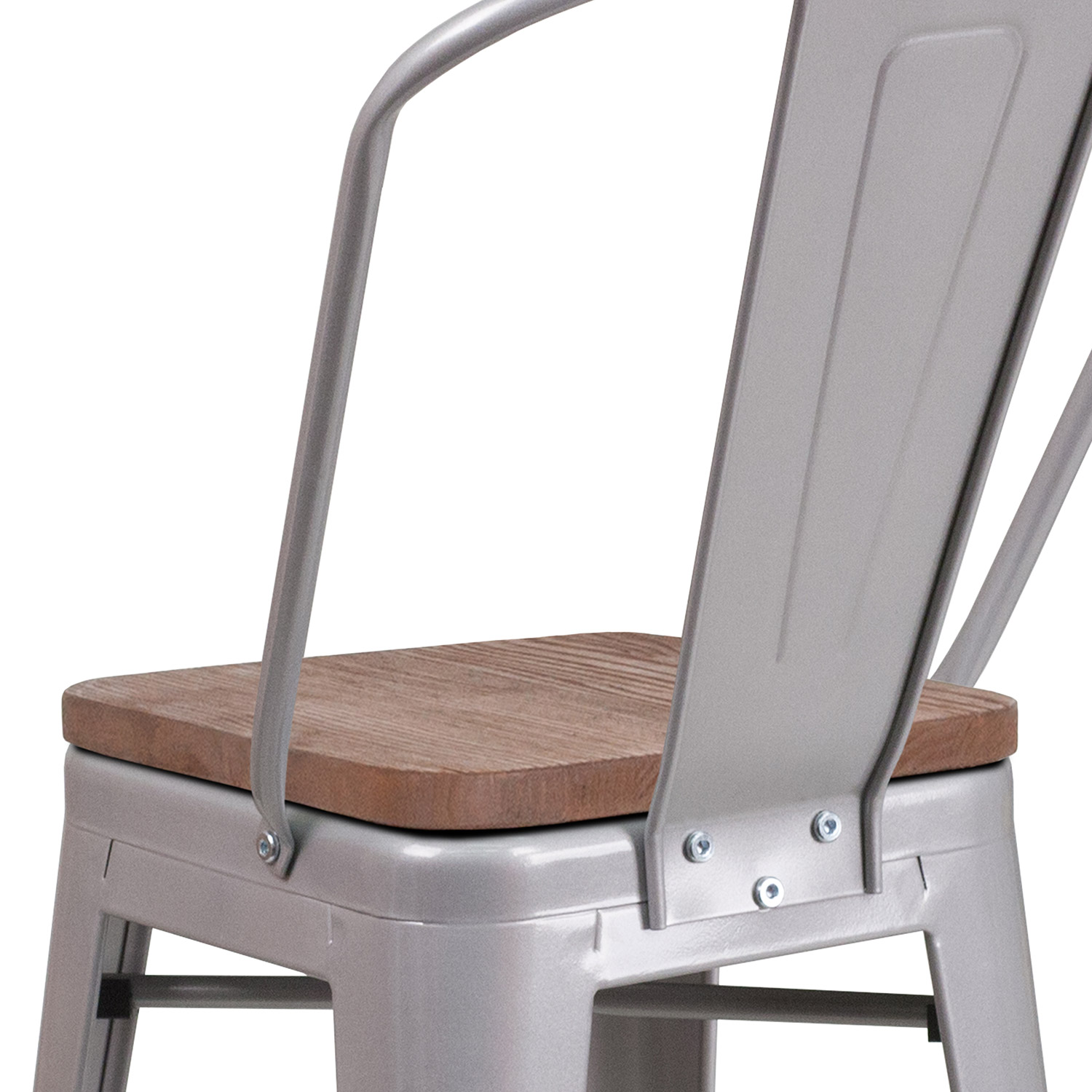 BLNK Lily Metal Counter Height Stool with Back and Wood Seat - Silver