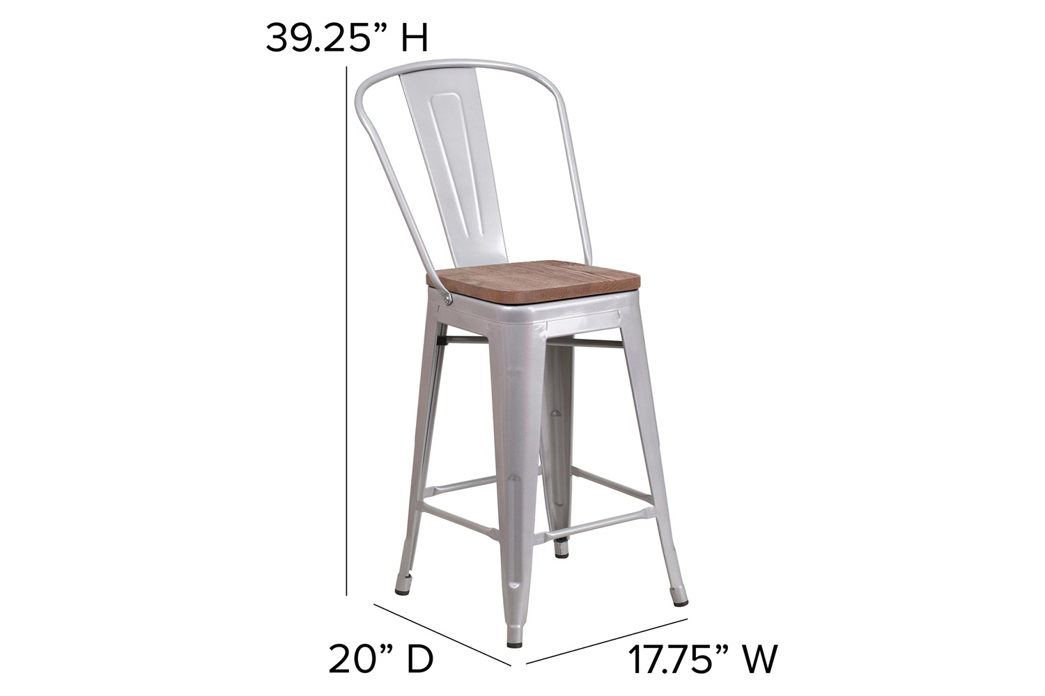 BLNK Lily Metal Counter Height Stool with Back and Wood Seat - Silver