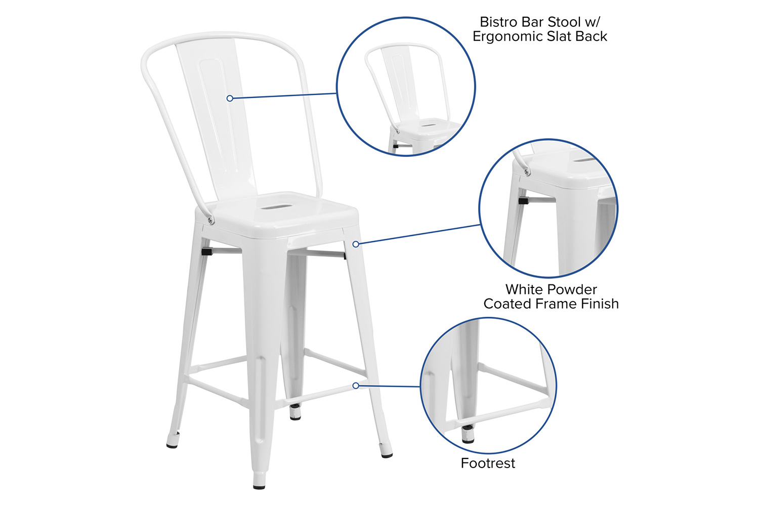 BLNK Kai Commercial Metal Indoor-Outdoor Counter Height Stool with Removable Back - White