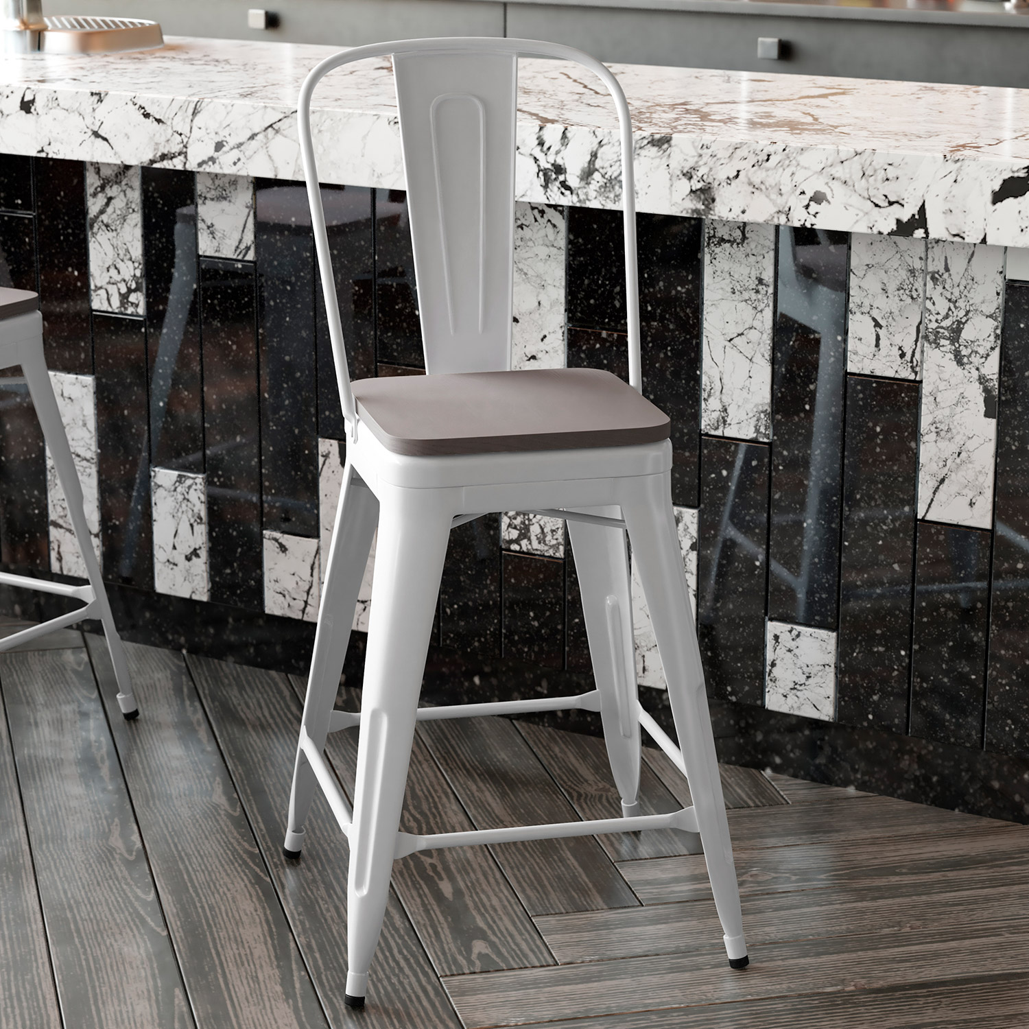 BLNK Kai Commercial Metal Indoor-Outdoor Counter Height Stool with Removable Back and All-Weather Poly Resin Seat - White/Gray