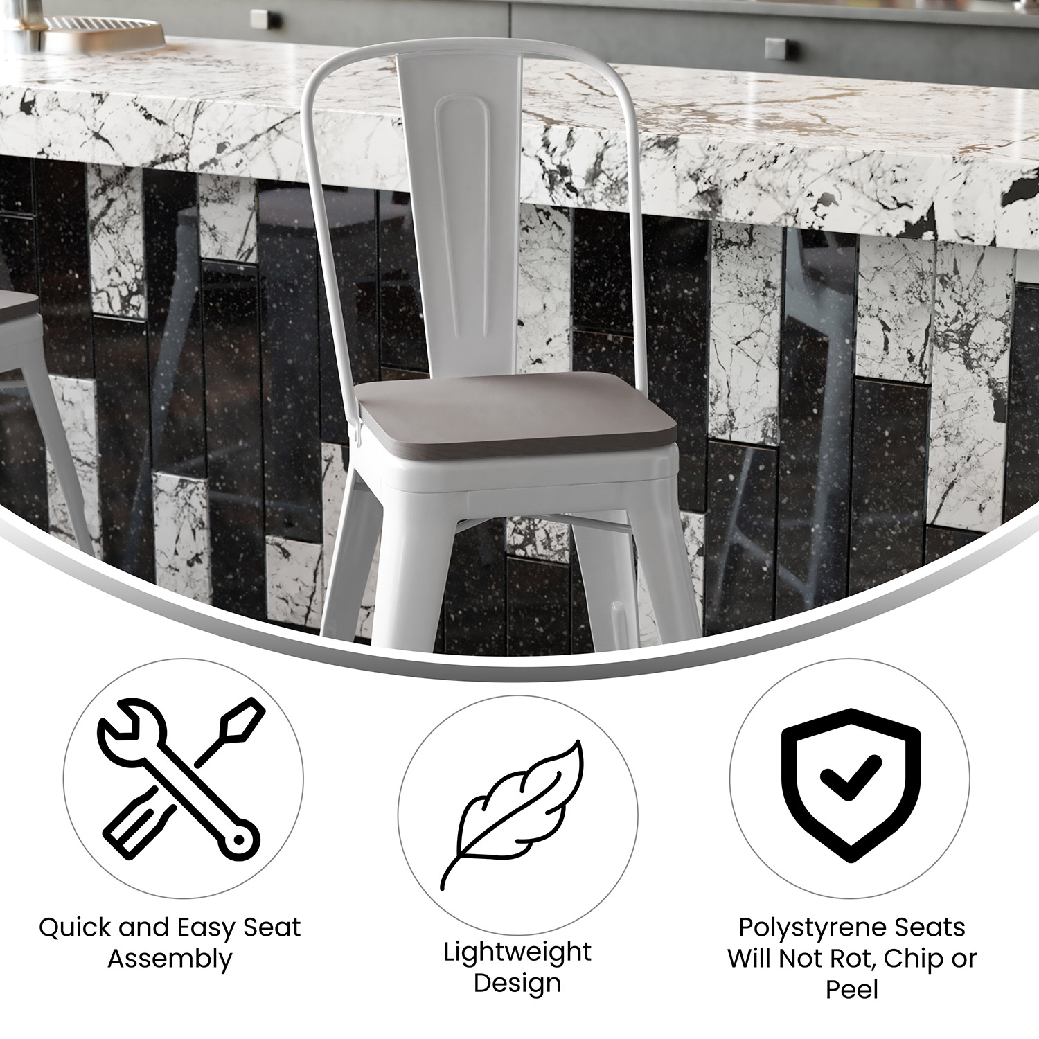 BLNK Kai Commercial Metal Indoor-Outdoor Counter Height Stool with Removable Back and All-Weather Poly Resin Seat - White/Gray