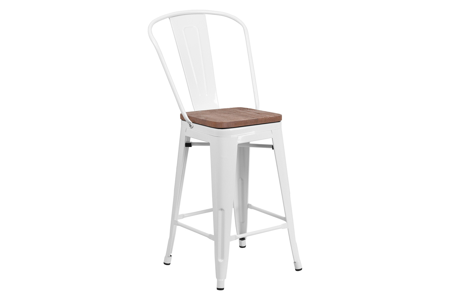 BLNK™ Lily Metal Counter Height Stool with Back and Wood Seat - White