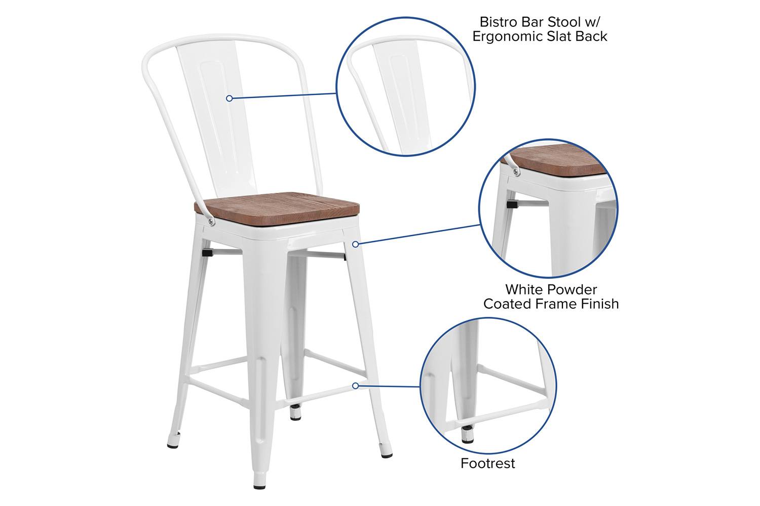 BLNK™ Lily Metal Counter Height Stool with Back and Wood Seat - White