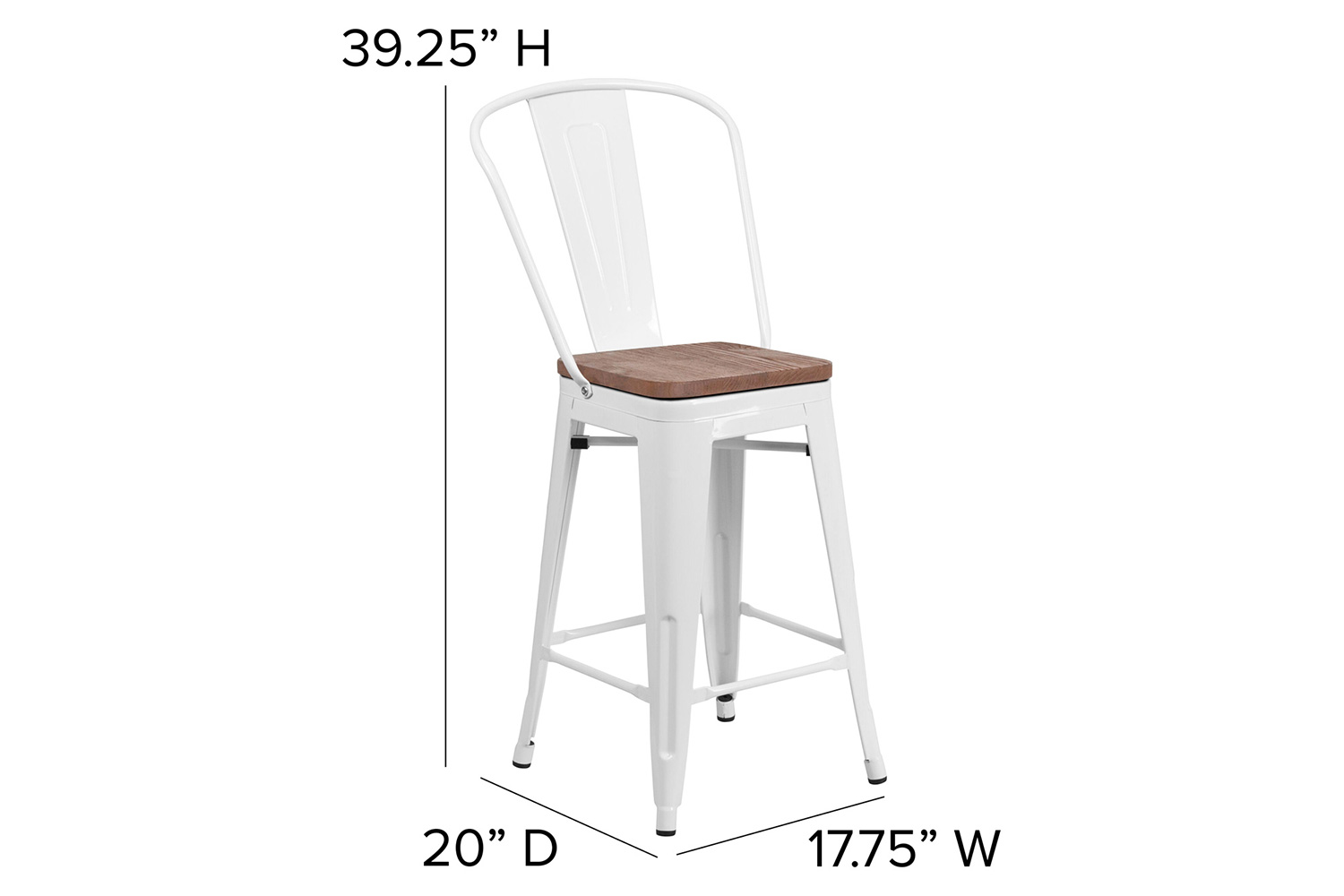 BLNK™ Lily Metal Counter Height Stool with Back and Wood Seat - White