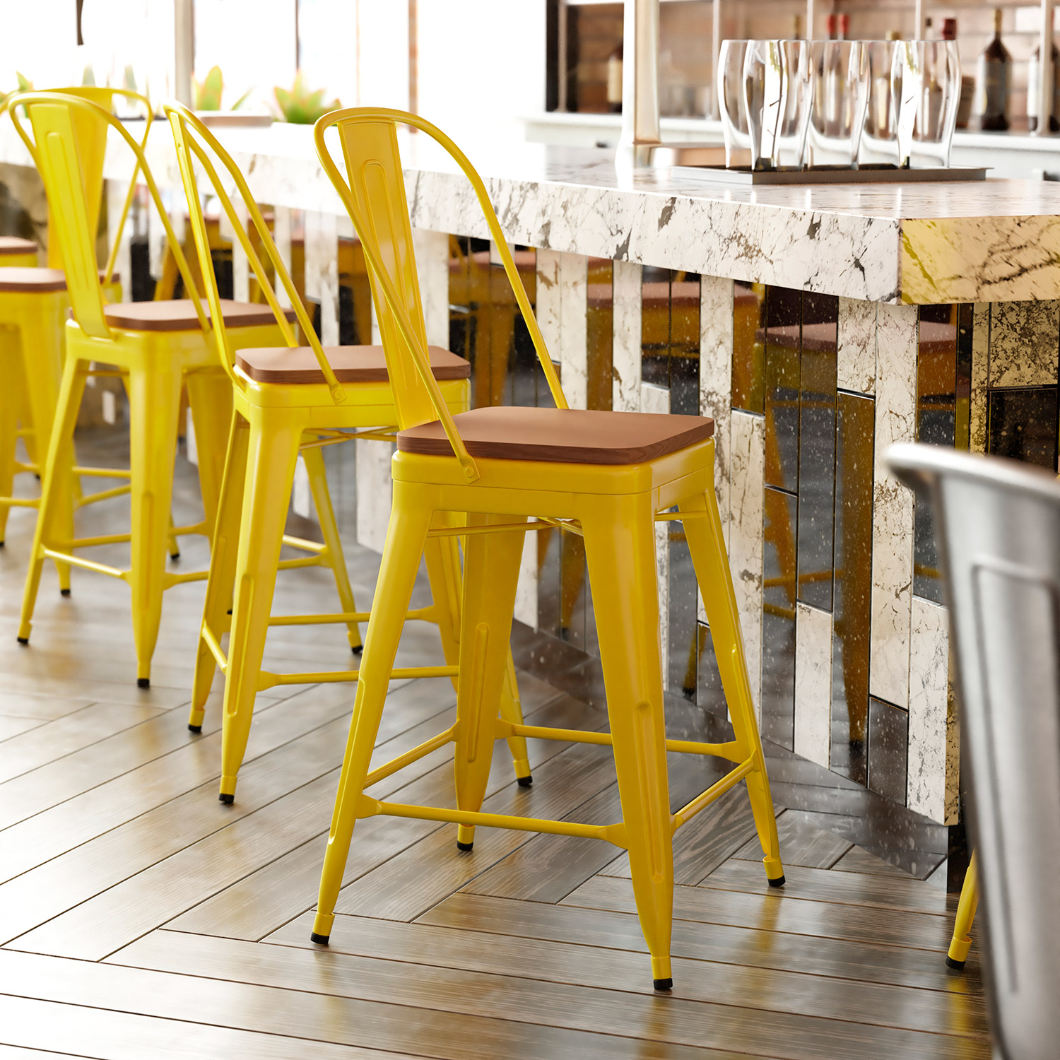 BLNK Kai Commercial Metal Indoor-Outdoor Counter Height Stool with Removable Back and All-Weather Poly Resin Seat