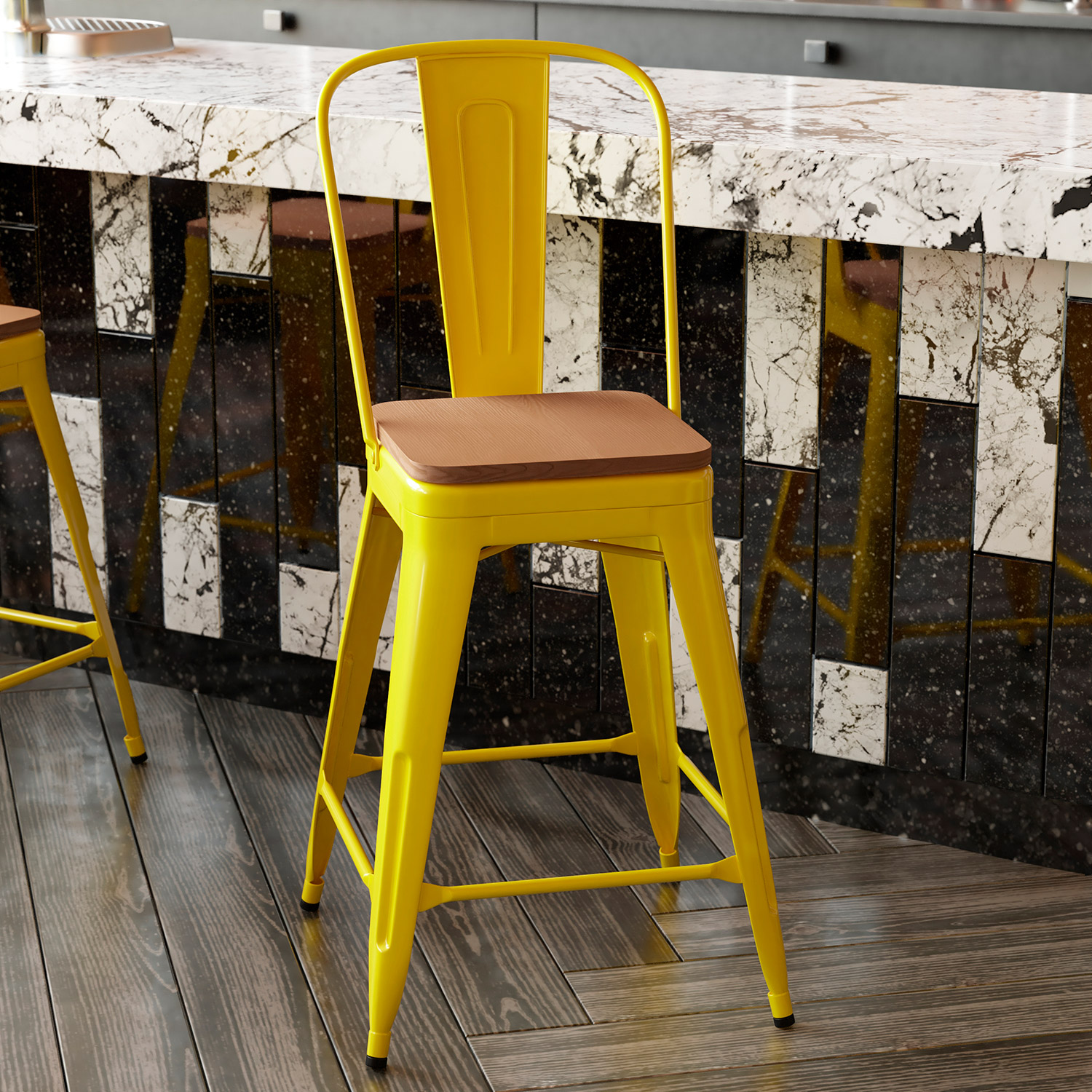 BLNK™ Kai Commercial Metal Indoor-Outdoor Counter Height Stool with Removable Back and All-Weather Poly Resin Seat - Yellow/Teak