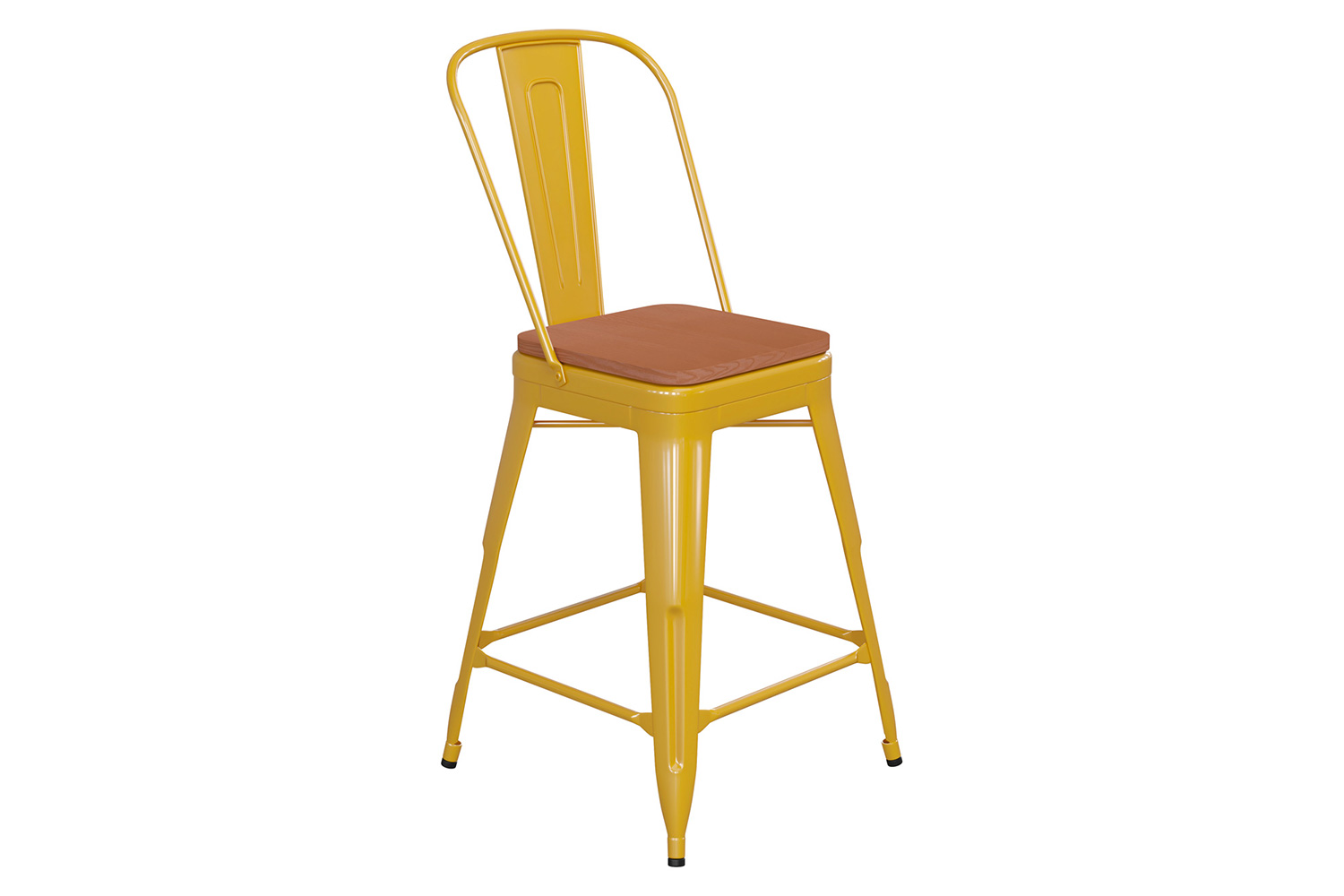 BLNK™ Kai Commercial Metal Indoor-Outdoor Counter Height Stool with Removable Back and All-Weather Poly Resin Seat - Yellow/Teak