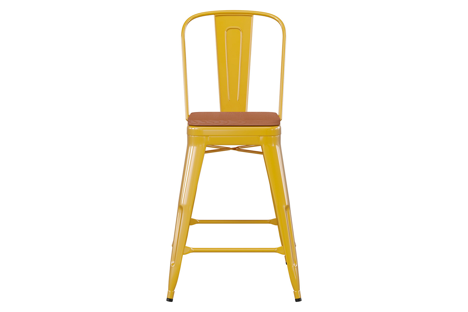 BLNK™ Kai Commercial Metal Indoor-Outdoor Counter Height Stool with Removable Back and All-Weather Poly Resin Seat - Yellow/Teak