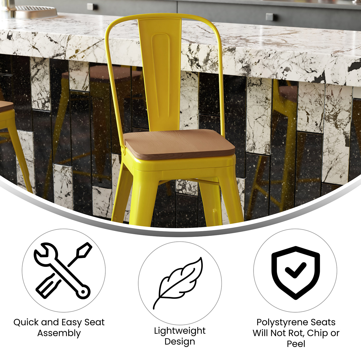 BLNK™ Kai Commercial Metal Indoor-Outdoor Counter Height Stool with Removable Back and All-Weather Poly Resin Seat - Yellow/Teak