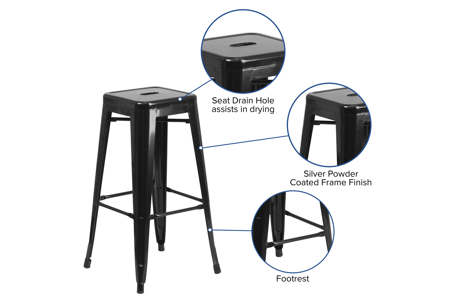 BLNK Kai Commercial Metal Backless Indoor-Outdoor Bar Stool with Square Seat - Black