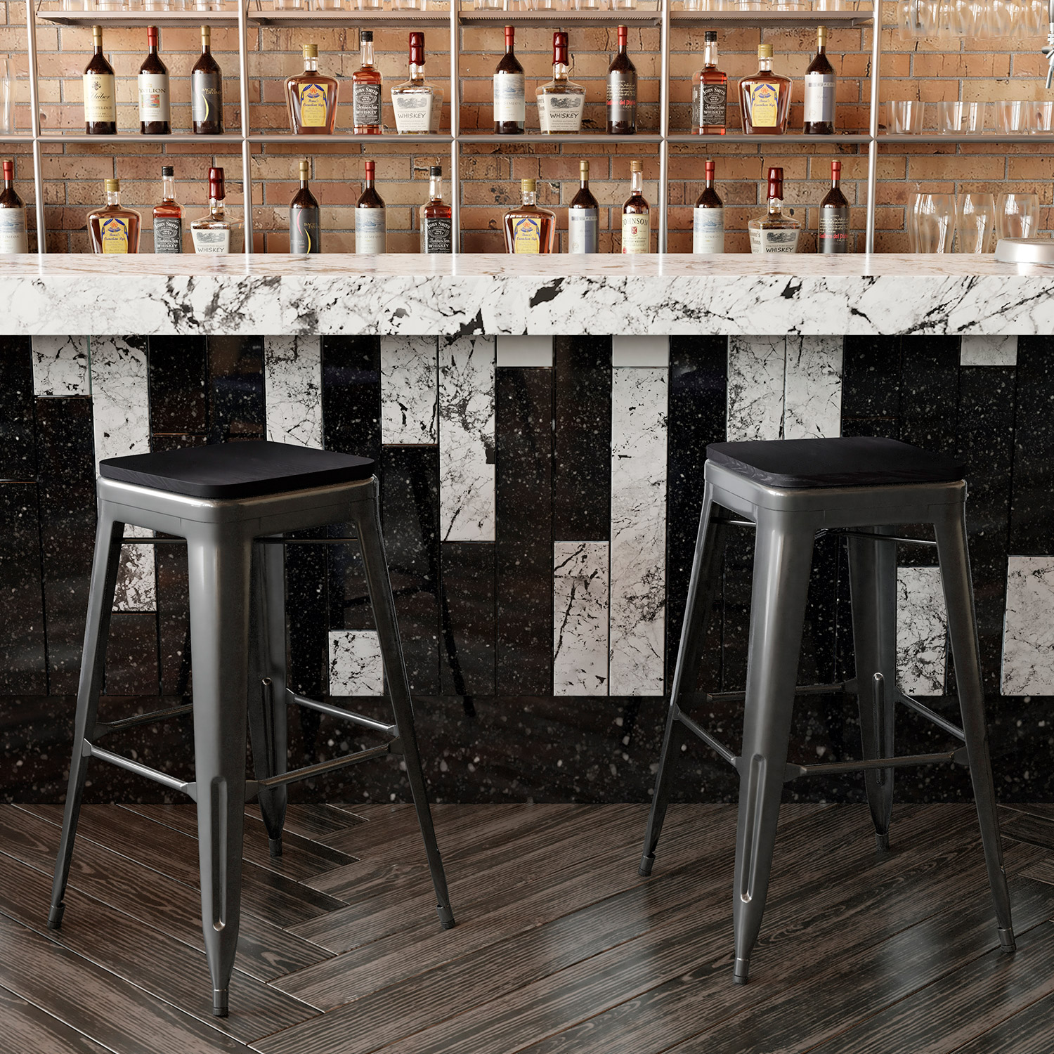 BLNK Kai Commercial Metal Backless Indoor-Outdoor Bar Stool with Poly Resin Wood Seat