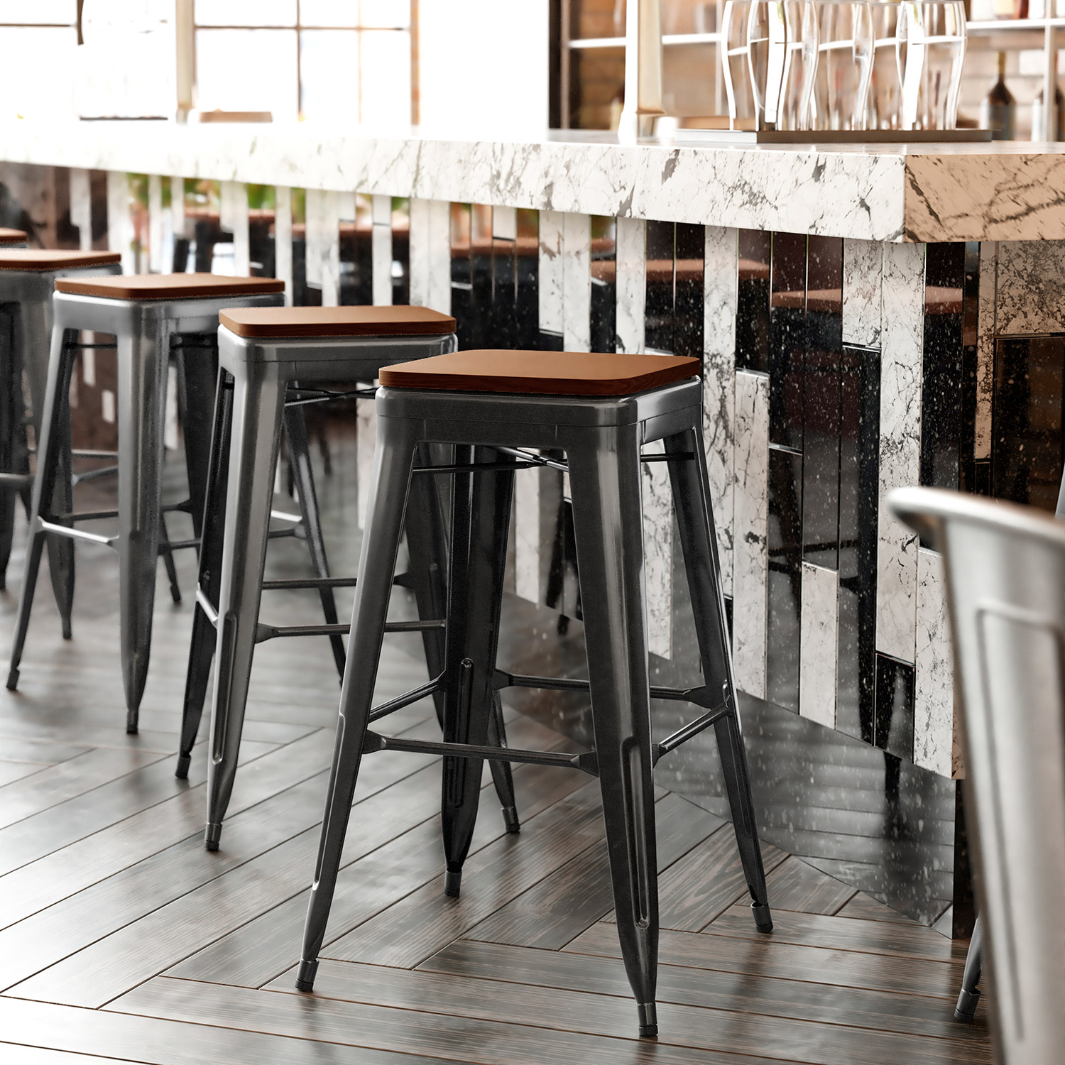 BLNK Kai Commercial Metal Backless Indoor-Outdoor Bar Stool with Poly Resin Wood Seat