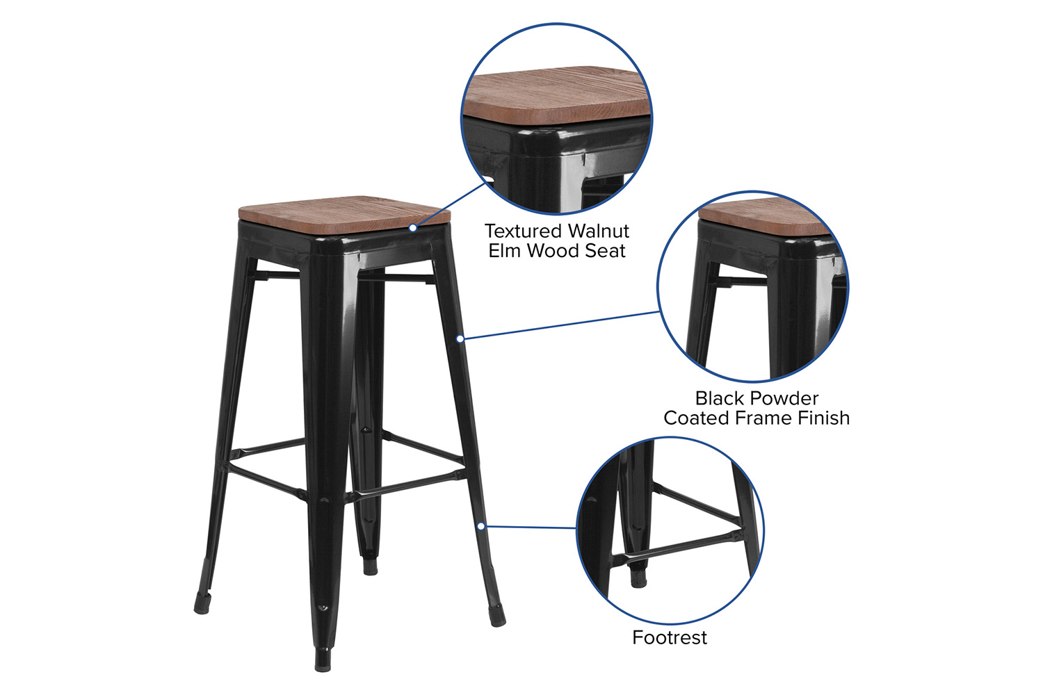 BLNK Lily Metal Bar Stool with Wood Seat - Black