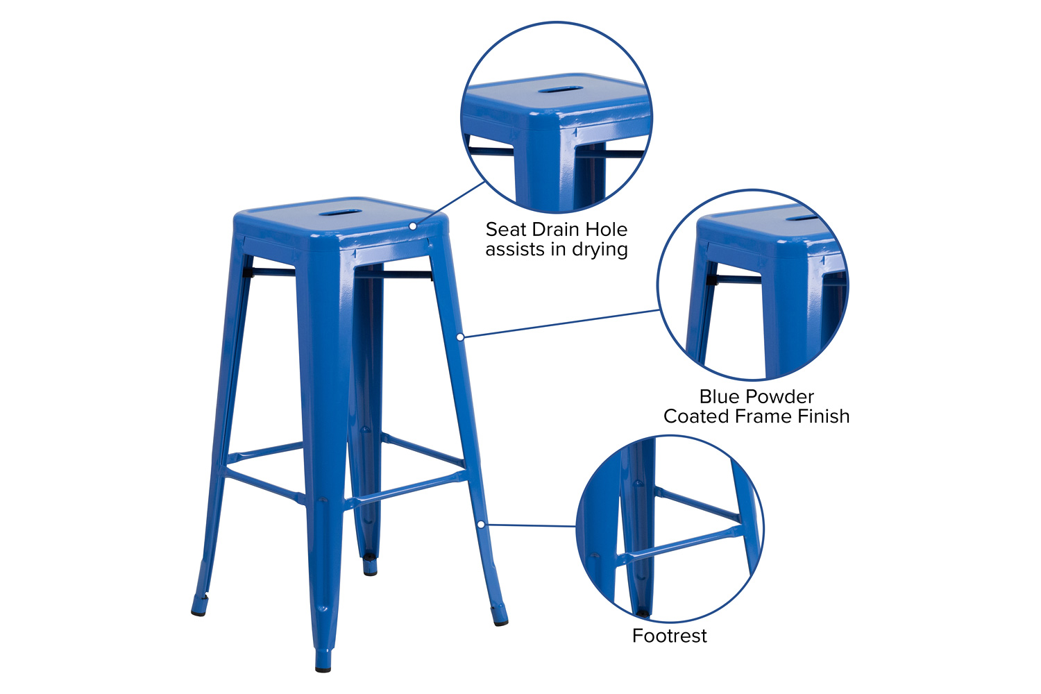 BLNK Kai Commercial Metal Backless Indoor-Outdoor Bar Stool with Square Seat - Blue