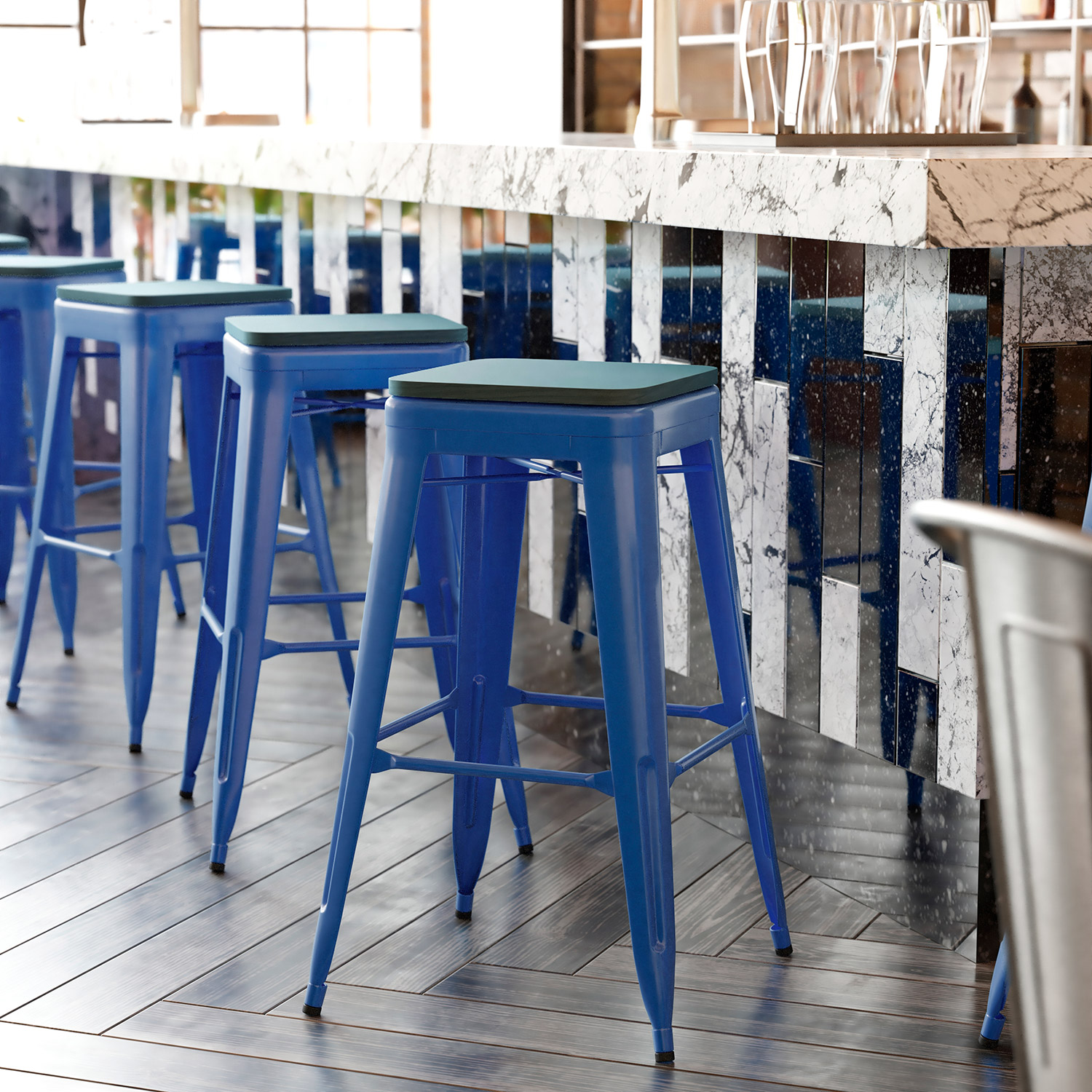 BLNK Kai Commercial Metal Backless Indoor-Outdoor Bar Stool with Poly Resin Wood Seat