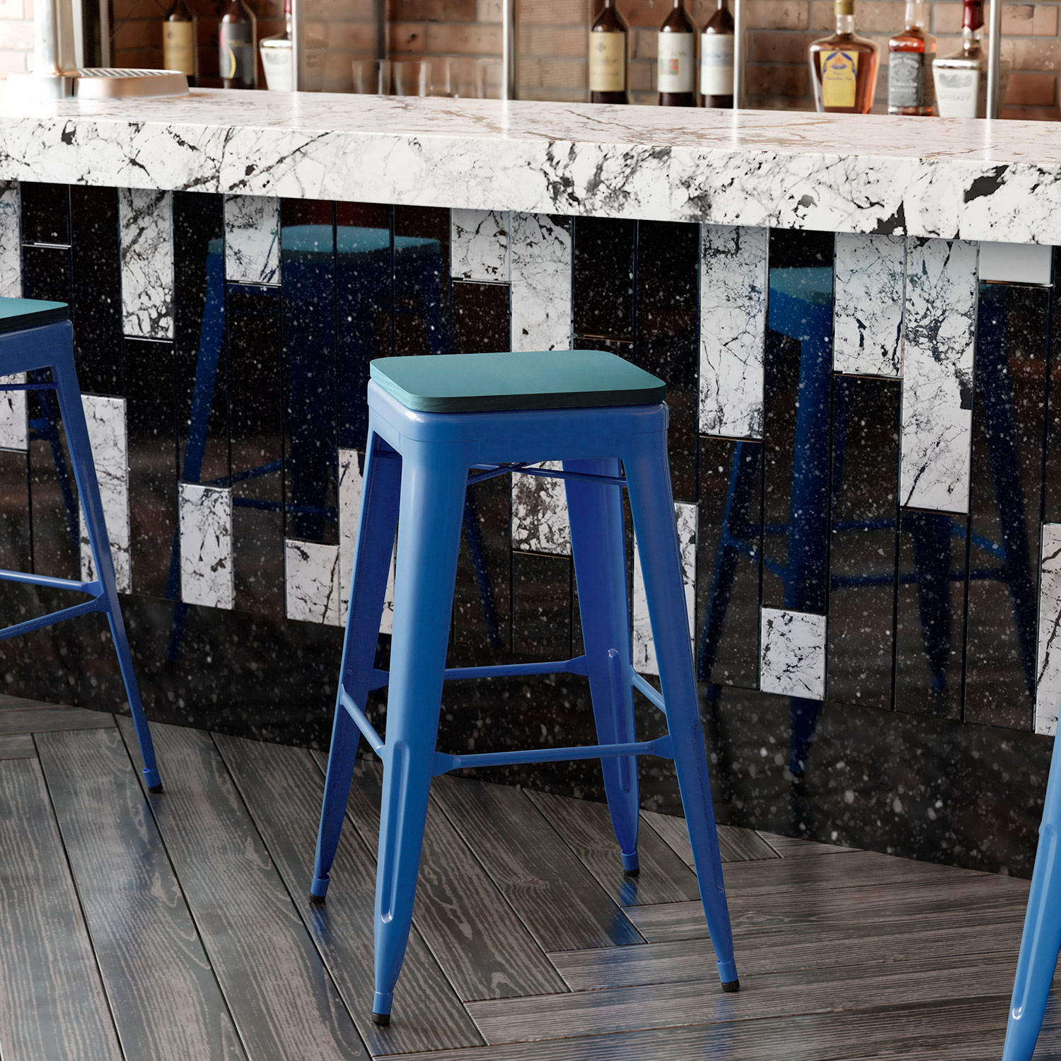 BLNK Kai Commercial Metal Backless Indoor-Outdoor Bar Stool with Poly Resin Wood Seat - Blue/Teal Blue