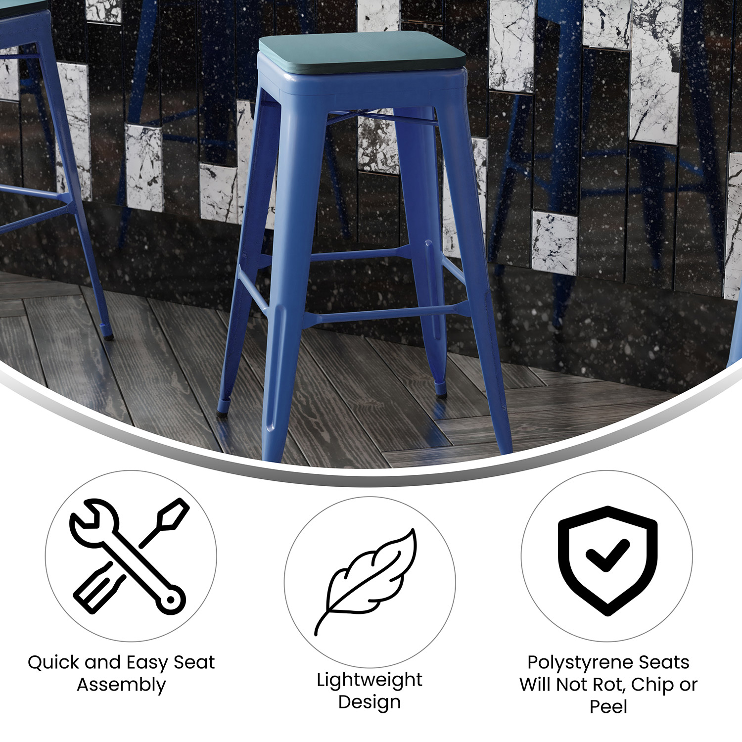 BLNK Kai Commercial Metal Backless Indoor-Outdoor Bar Stool with Poly Resin Wood Seat - Blue/Teal Blue