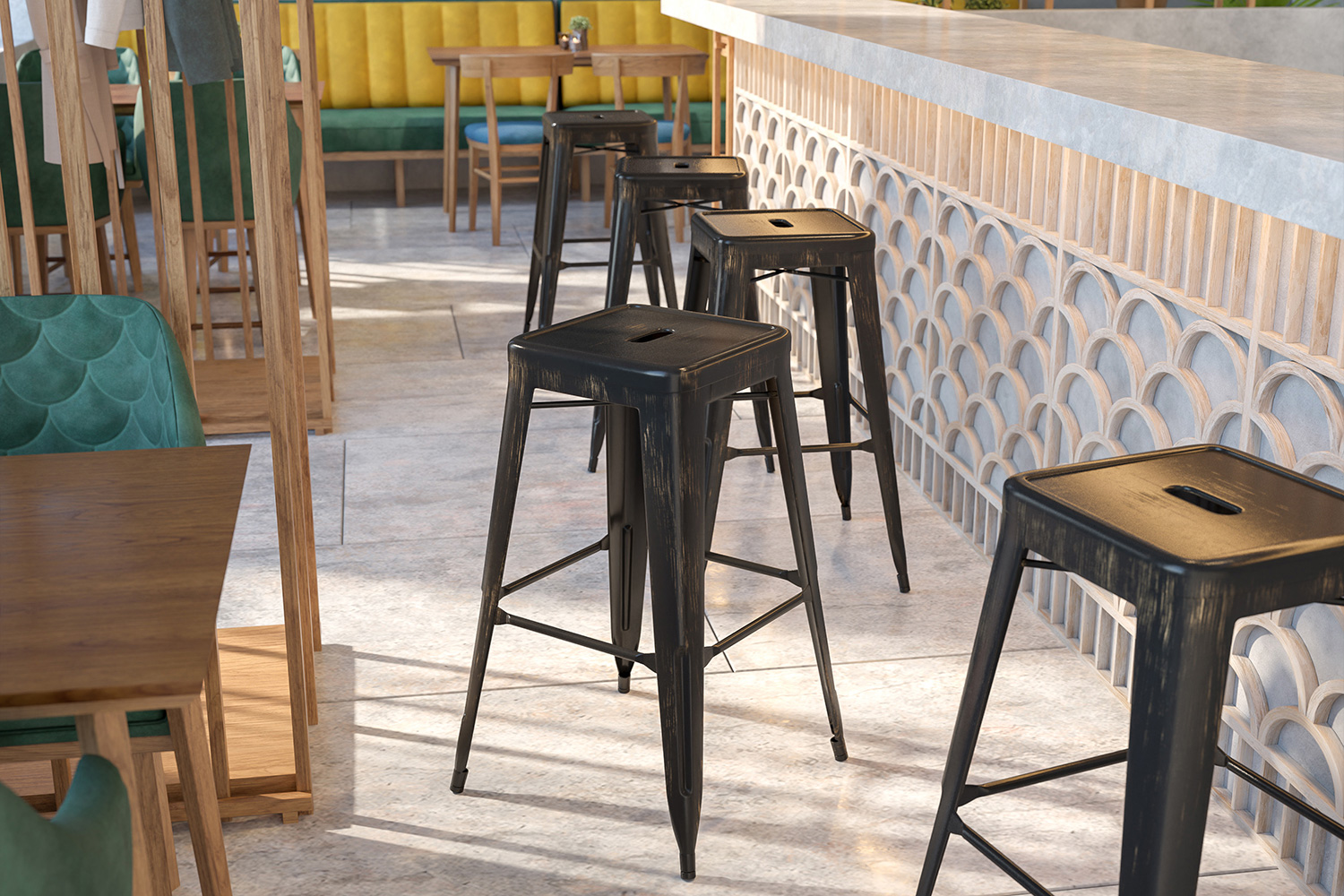 BLNK Kai Commercial Metal Backless Indoor-Outdoor Bar Stool with Square Seat