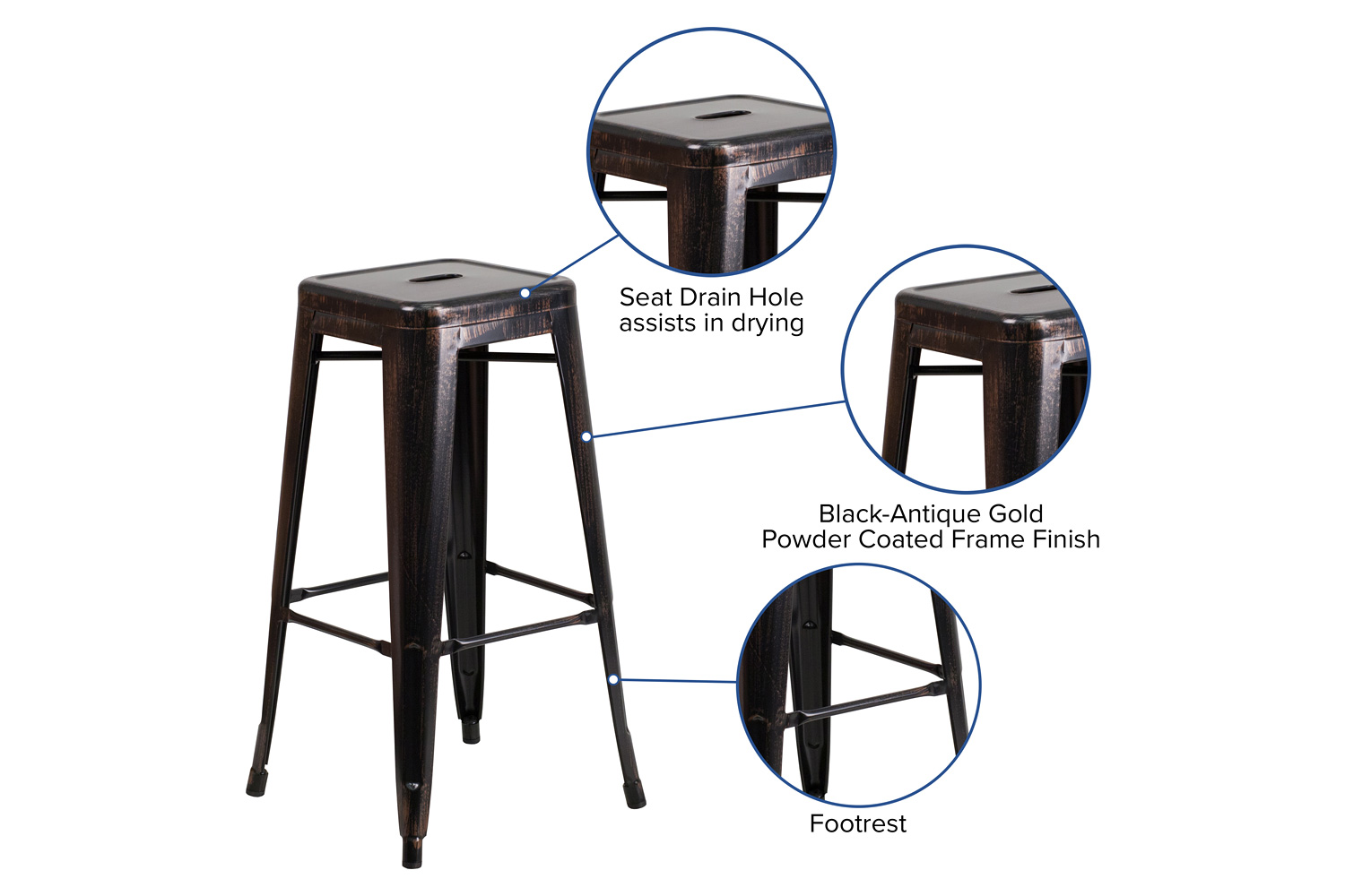 BLNK Kai Commercial Metal Backless Indoor-Outdoor Bar Stool with Square Seat - Black/Antique Gold