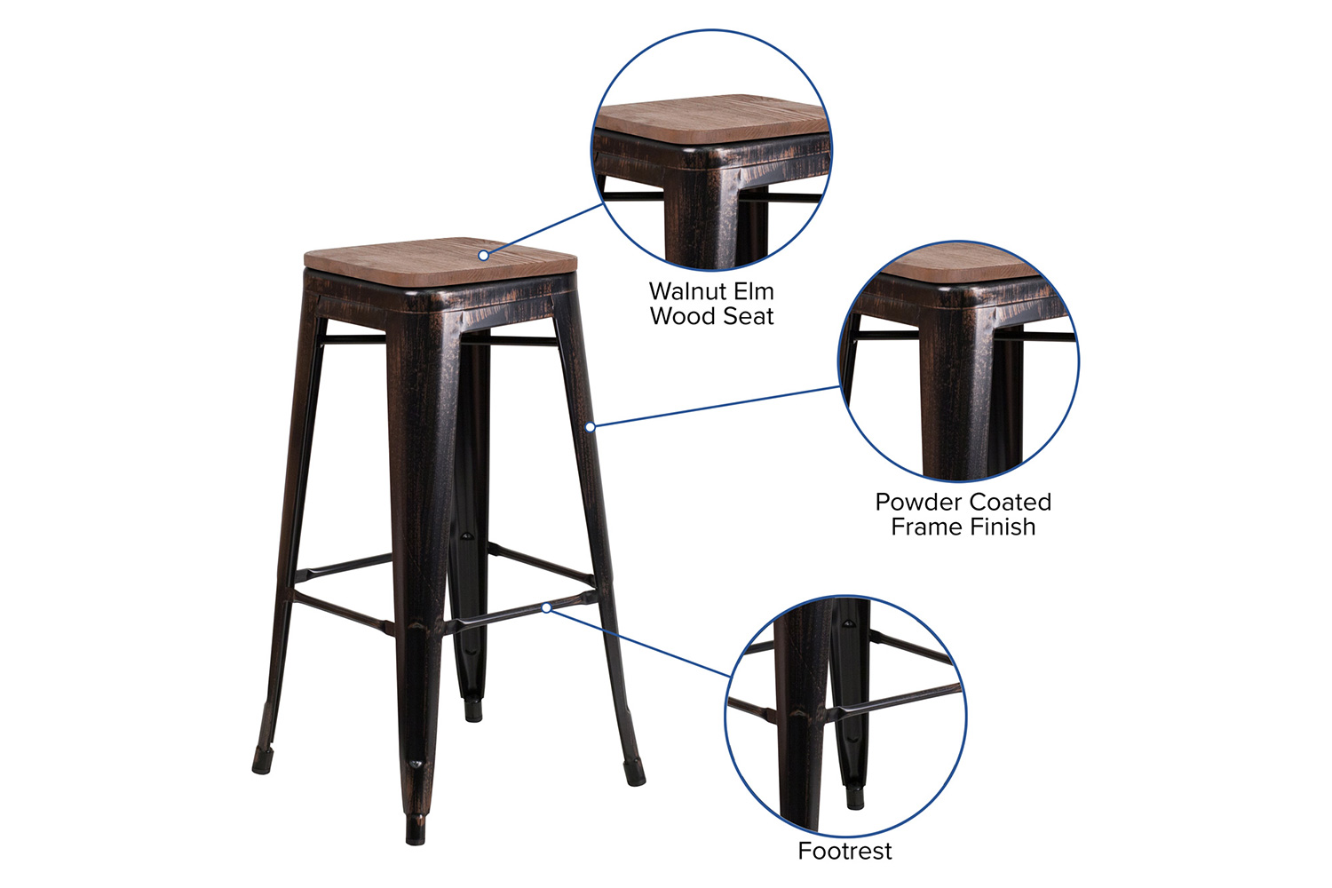 BLNK Lily Metal Bar Stool with Wood Seat - Black/Antique Gold