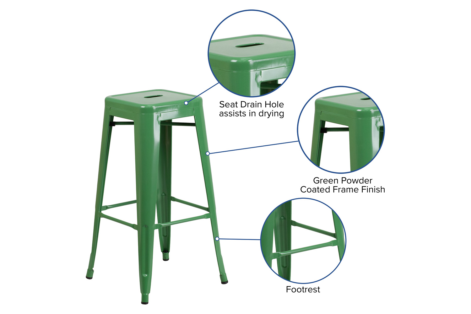 BLNK Kai Commercial Metal Backless Indoor-Outdoor Bar Stool with Square Seat - Green