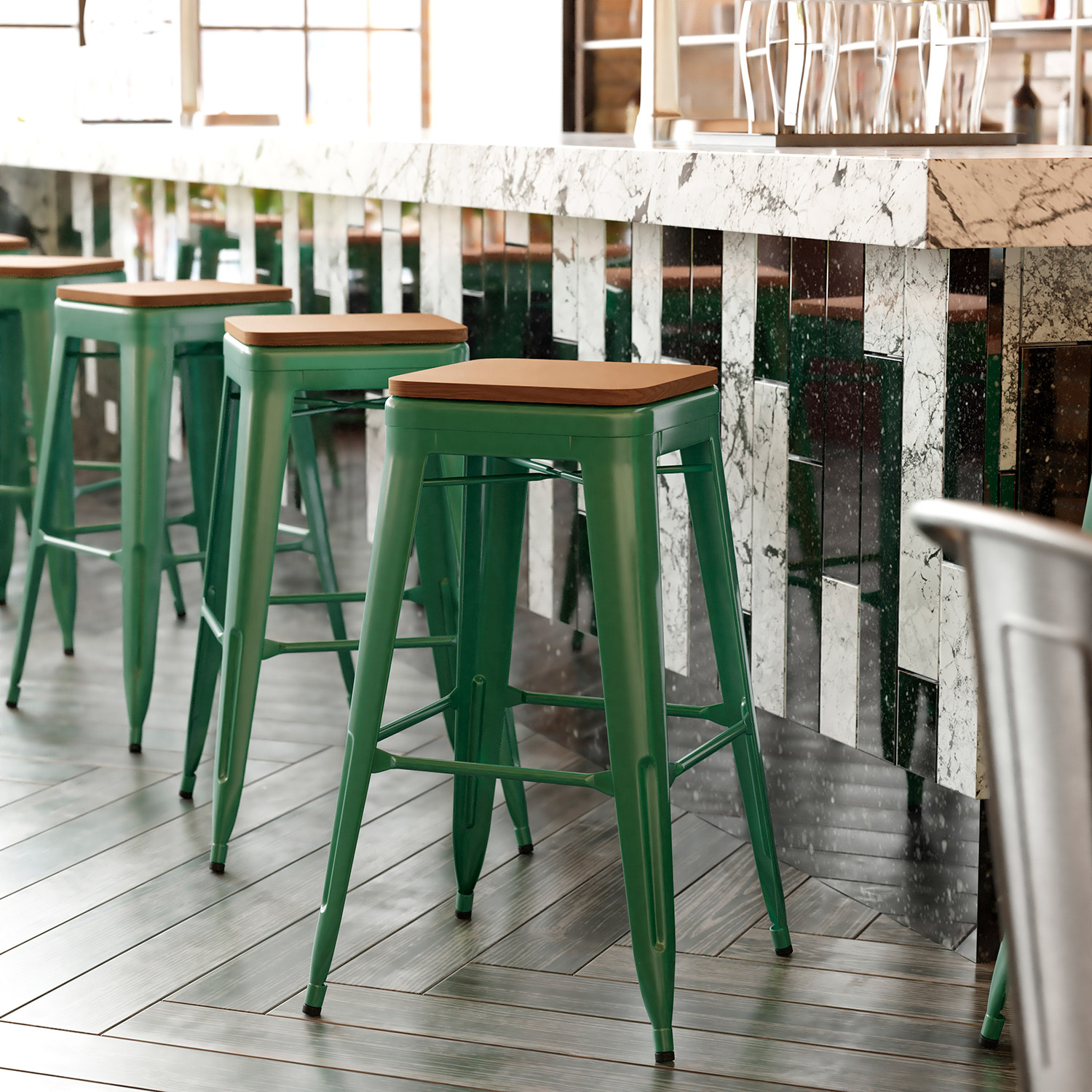 BLNK Kai Commercial Metal Backless Indoor-Outdoor Bar Stool with Poly Resin Wood Seat