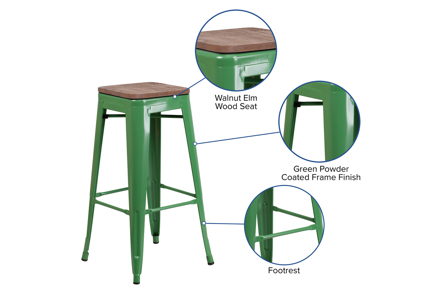 BLNK Lily Metal Bar Stool with Wood Seat - Green