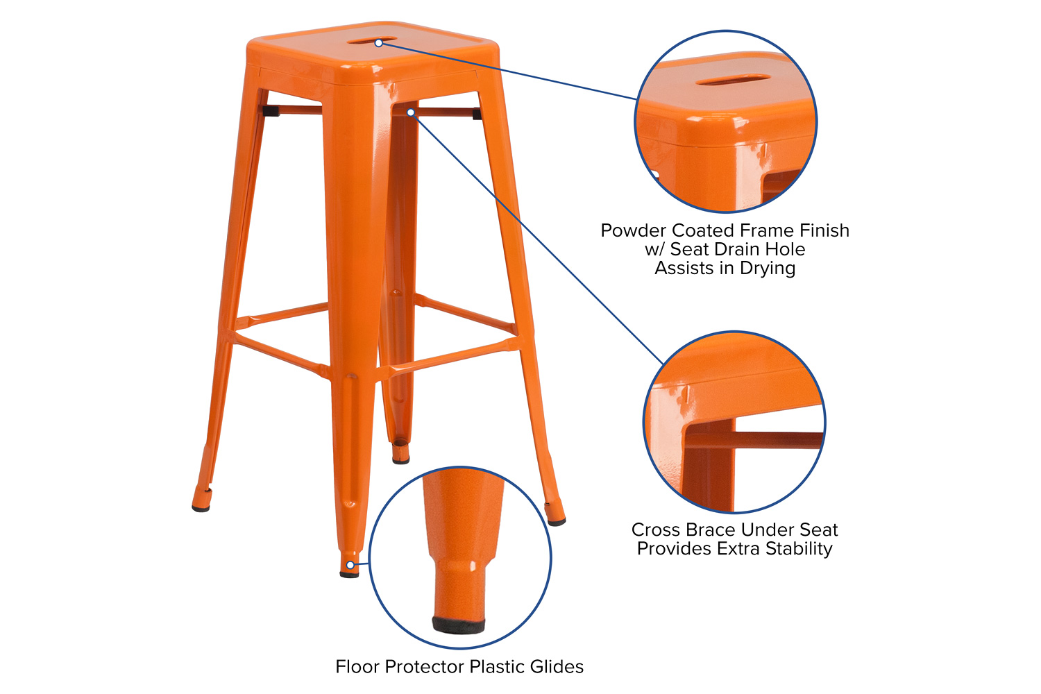 BLNK Kai Commercial Metal Backless Indoor-Outdoor Bar Stool with Square Seat - Orange