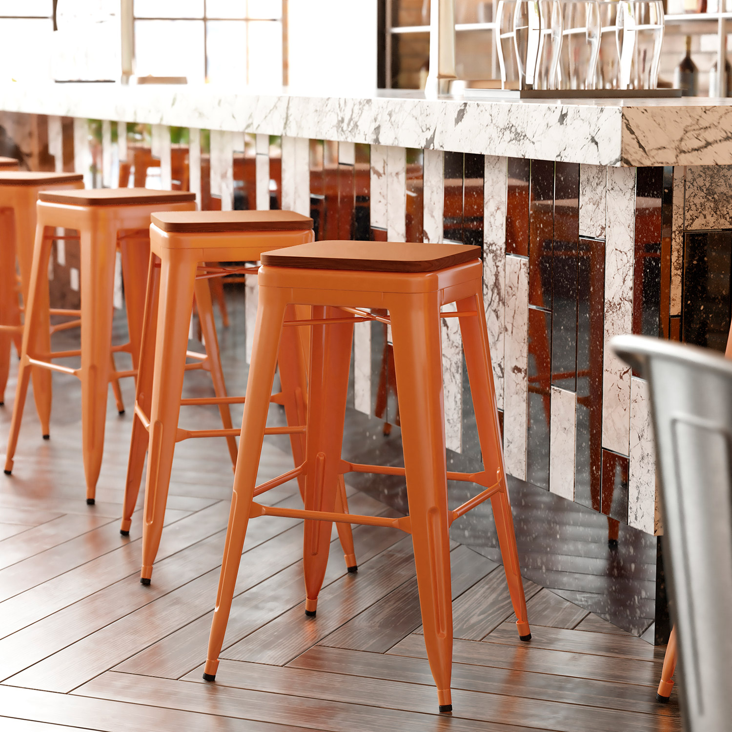 BLNK Kai Commercial Metal Backless Indoor-Outdoor Bar Stool with Poly Resin Wood Seat