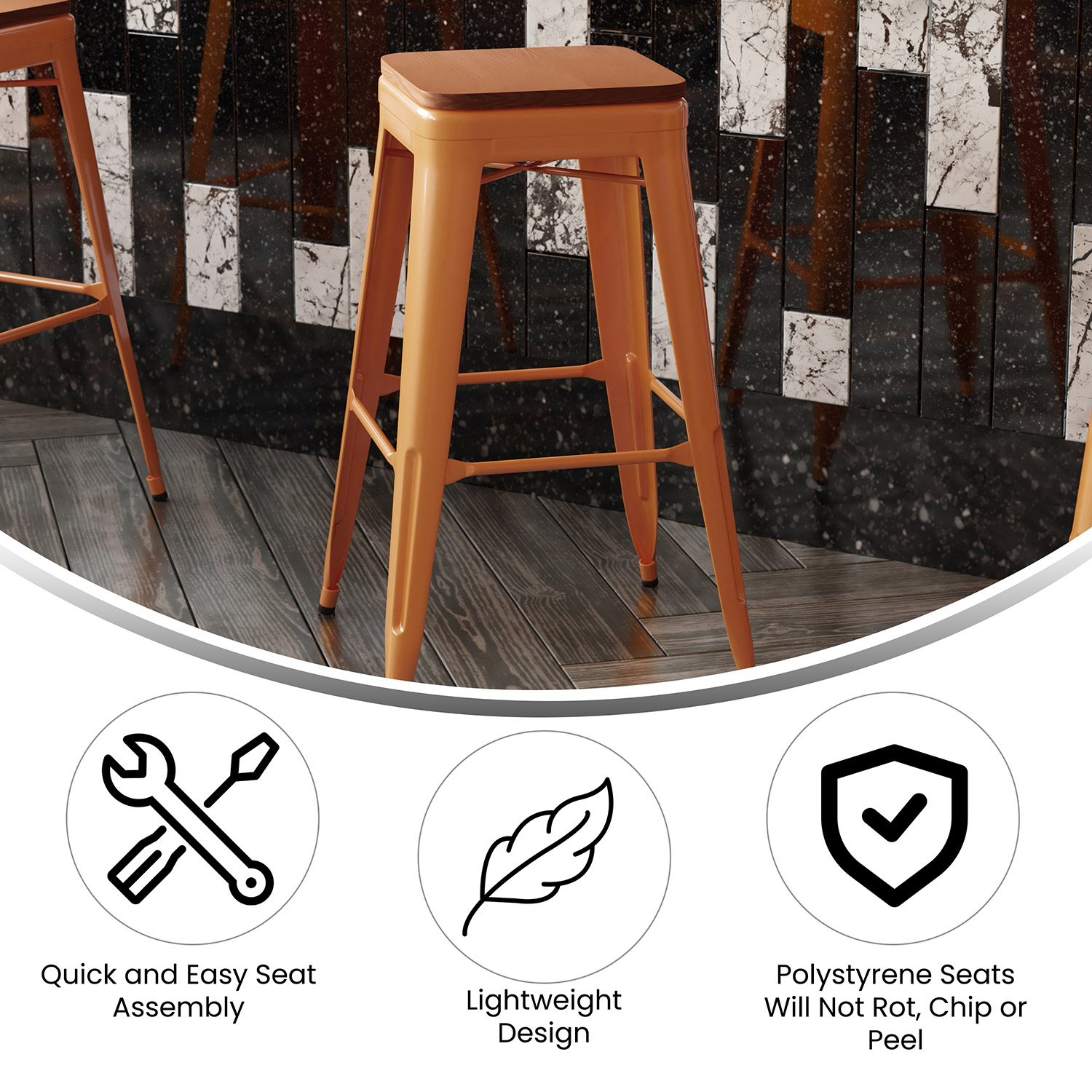 BLNK™ Kai Commercial Metal Backless Indoor-Outdoor Bar Stool with Poly Resin Wood Seat - Orange/Teak