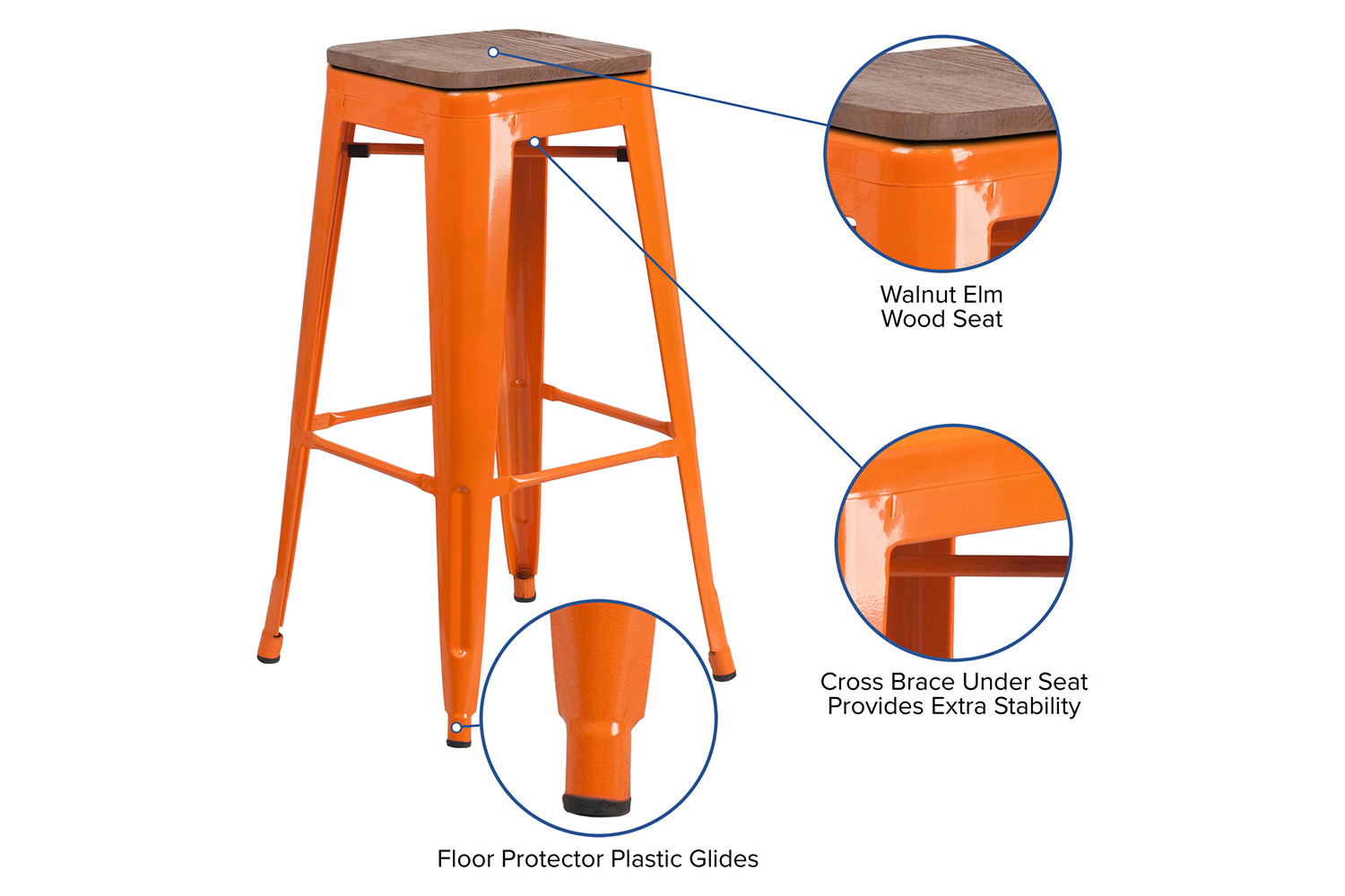 BLNK Lily Metal Bar Stool with Wood Seat - Orange