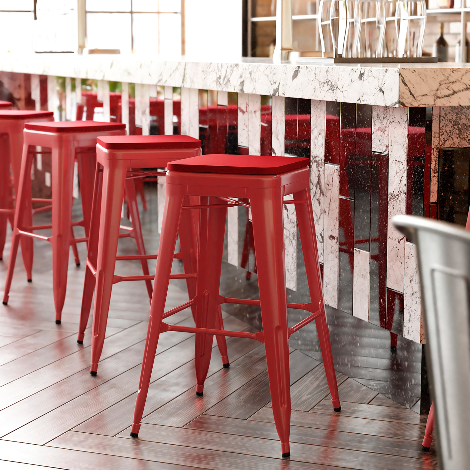 BLNK Kai Commercial Metal Backless Indoor-Outdoor Bar Stool with Poly Resin Wood Seat