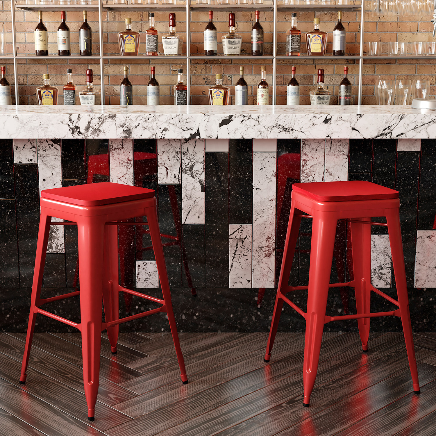 BLNK™ Kai Commercial Metal Backless Indoor-Outdoor Bar Stool with Poly Resin Wood Seat - Red