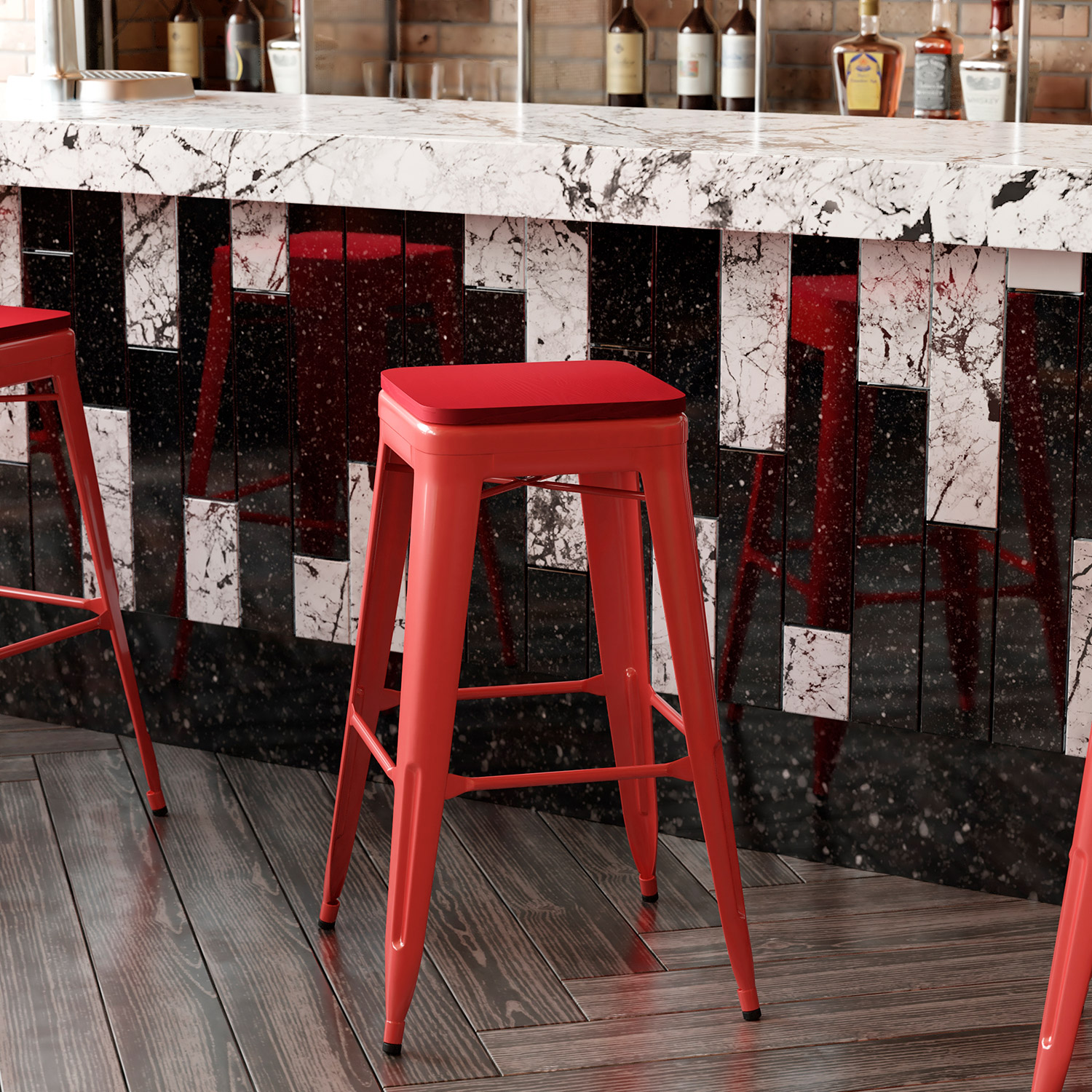 BLNK™ Kai Commercial Metal Backless Indoor-Outdoor Bar Stool with Poly Resin Wood Seat - Red