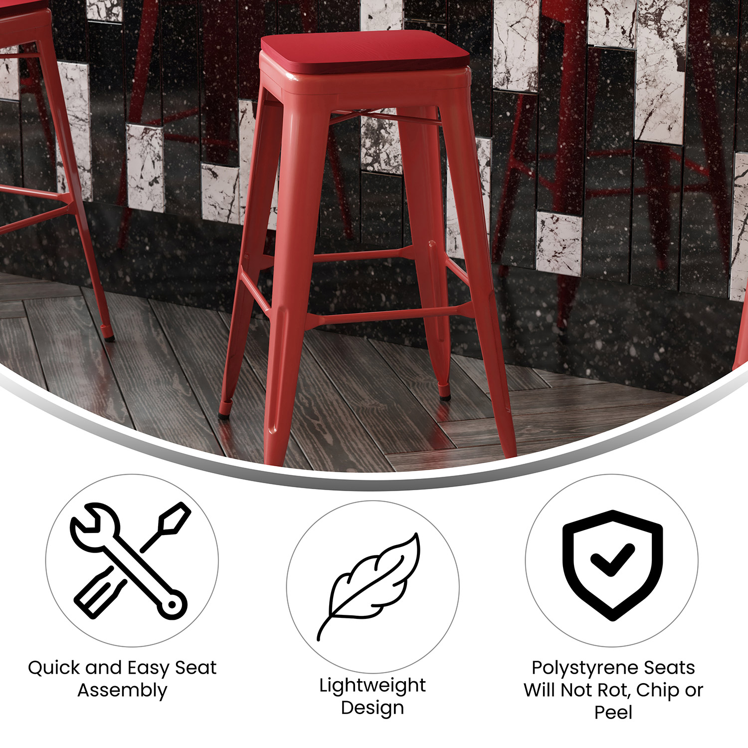 BLNK™ Kai Commercial Metal Backless Indoor-Outdoor Bar Stool with Poly Resin Wood Seat - Red