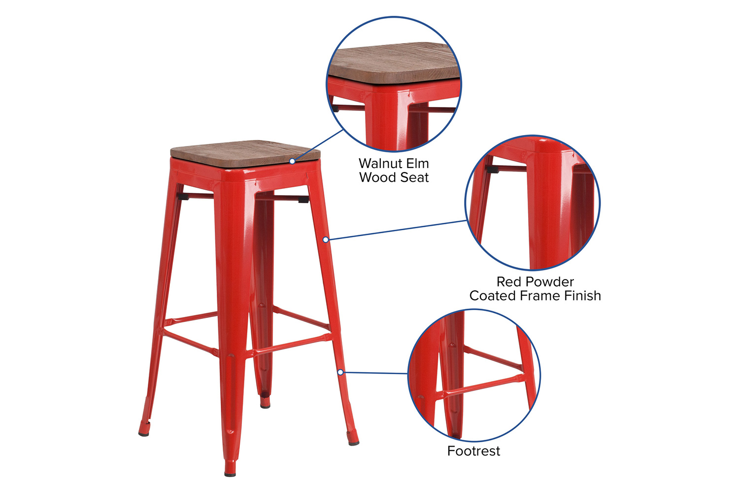 BLNK Lily Metal Bar Stool with Wood Seat - Red