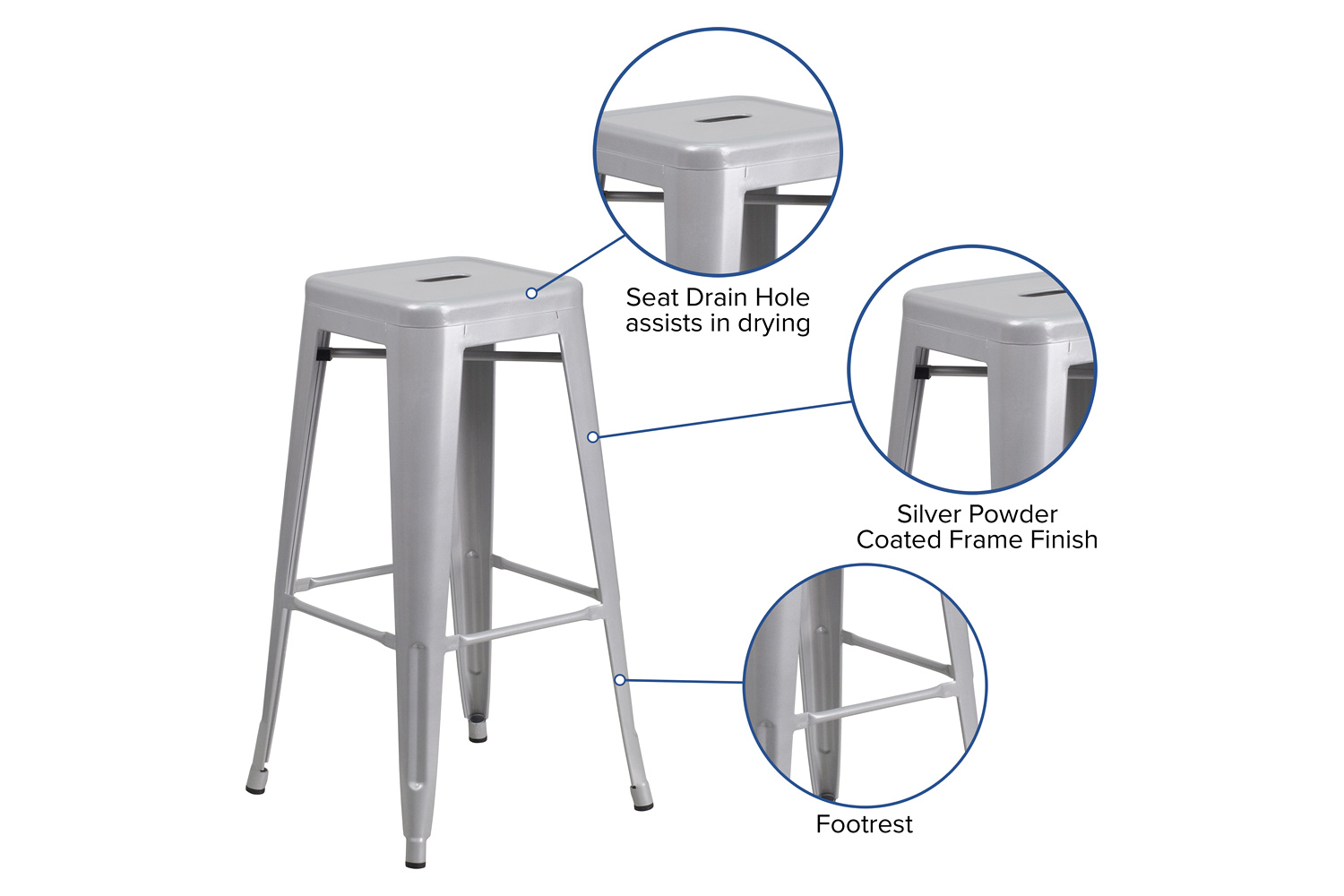 BLNK Kai Commercial Metal Backless Indoor-Outdoor Bar Stool with Square Seat - Silver