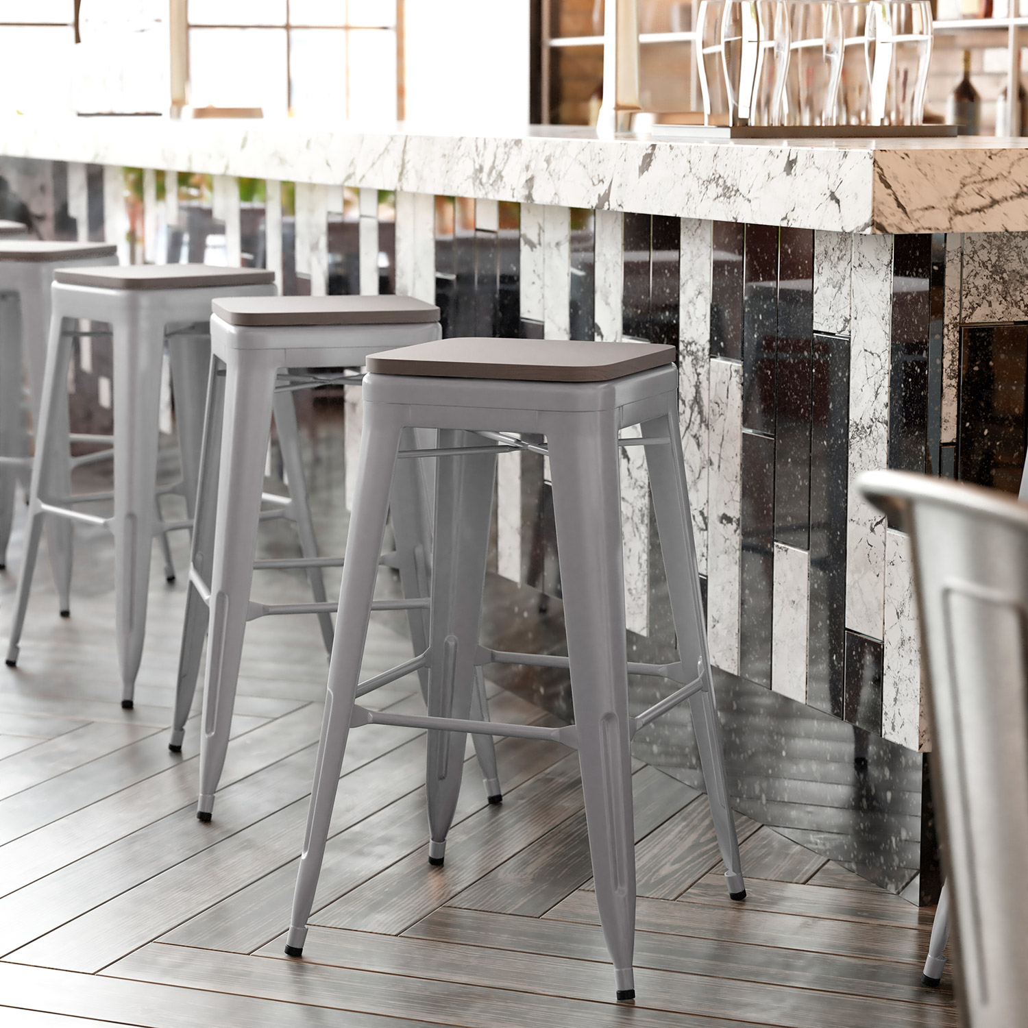 BLNK Kai Commercial Metal Backless Indoor-Outdoor Bar Stool with Poly Resin Wood Seat