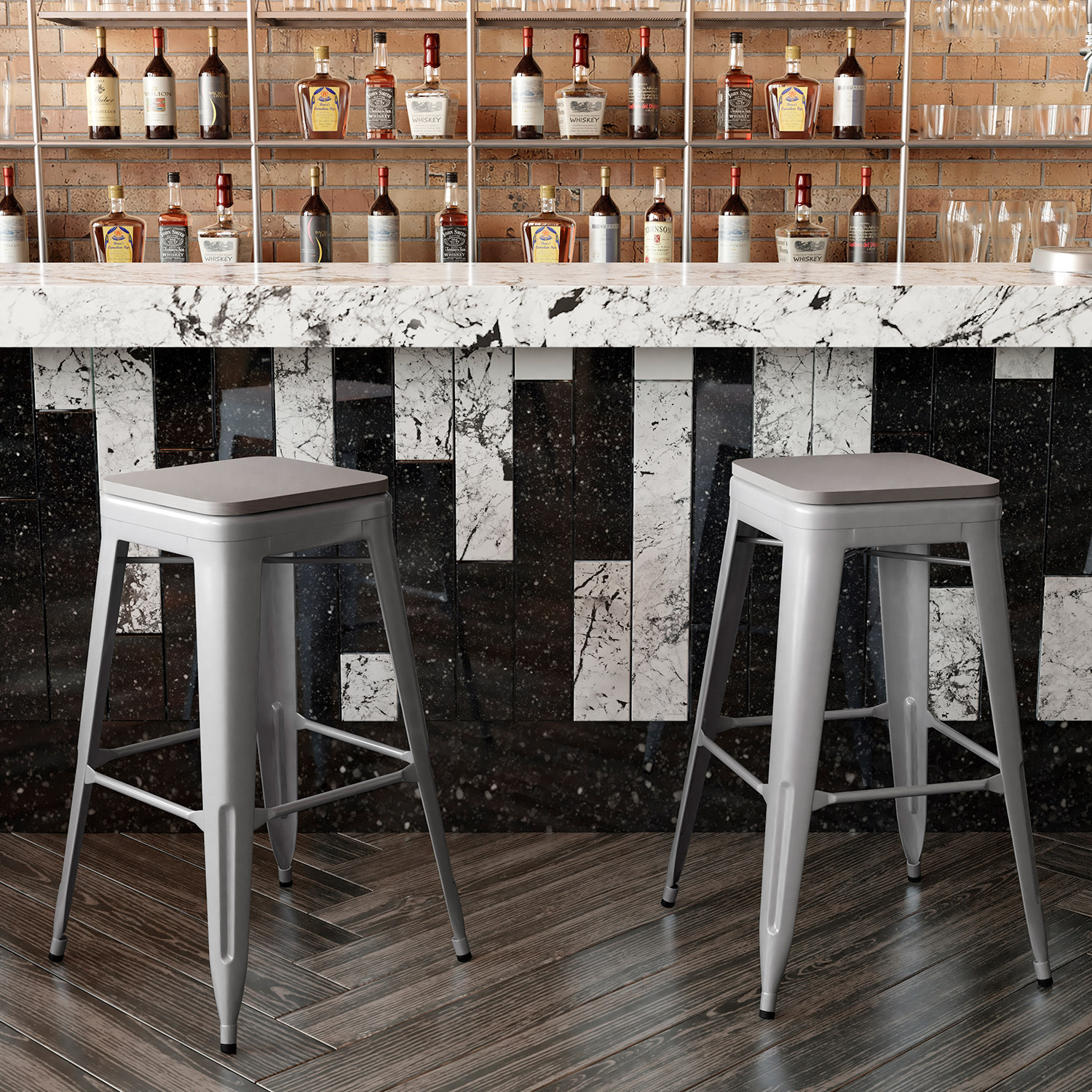 BLNK Kai Commercial Metal Backless Indoor-Outdoor Bar Stool with Poly Resin Wood Seat - Silver/Gray