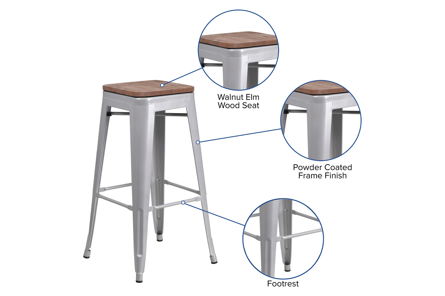 BLNK Lily Metal Bar Stool with Wood Seat - Silver