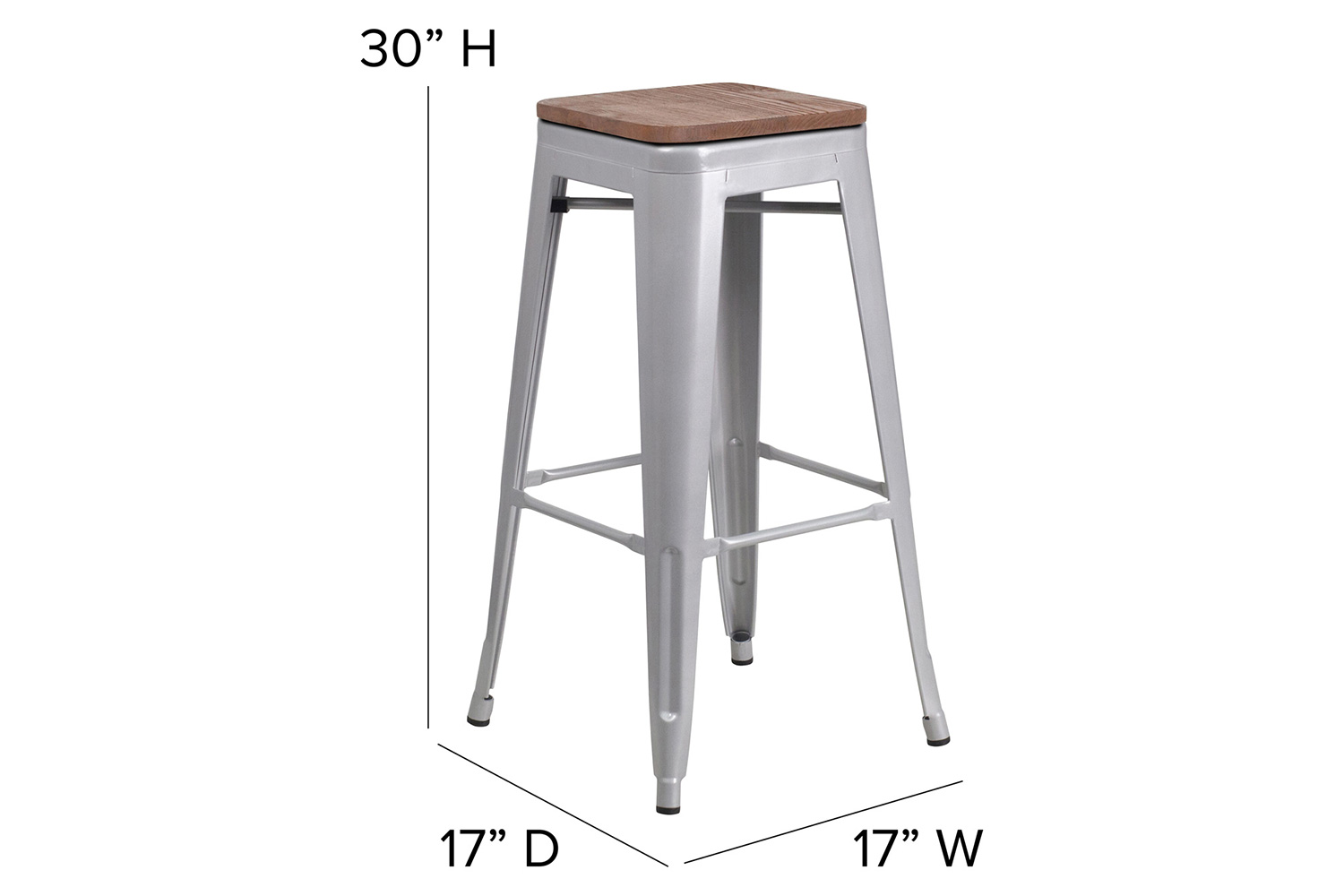 BLNK Lily Metal Bar Stool with Wood Seat - Silver