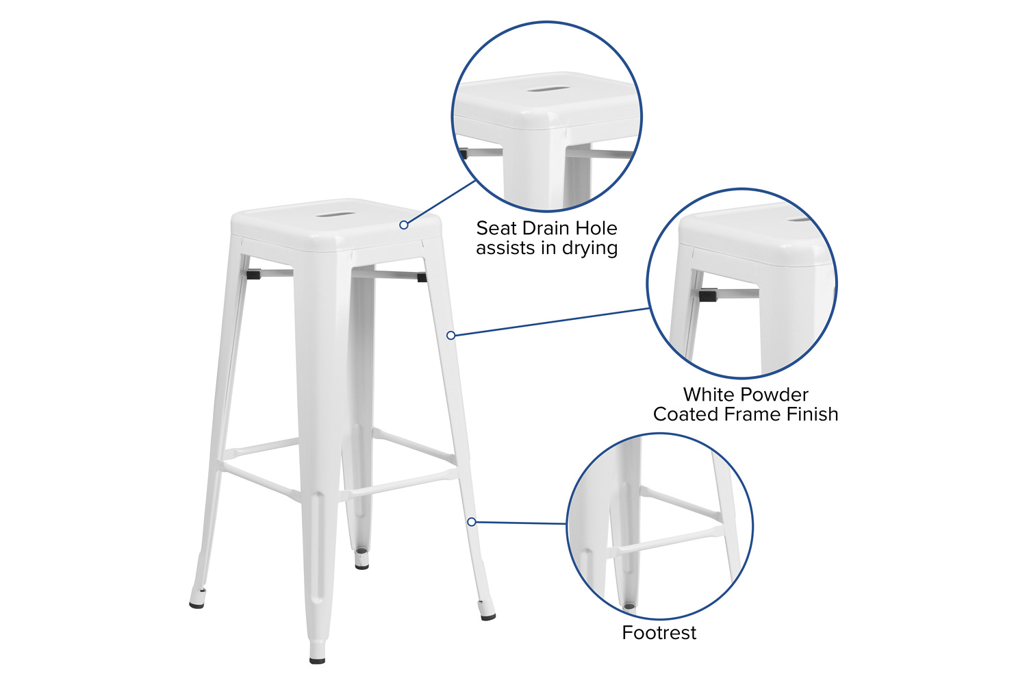 BLNK Kai Commercial Metal Backless Indoor-Outdoor Bar Stool with Square Seat - White