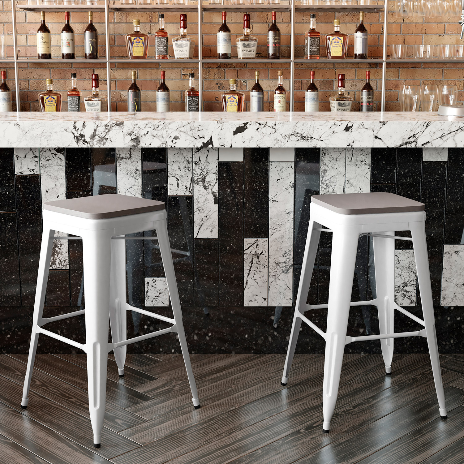 BLNK™ Kai Commercial Metal Backless Indoor-Outdoor Bar Stool with Poly Resin Wood Seat - White/Gray