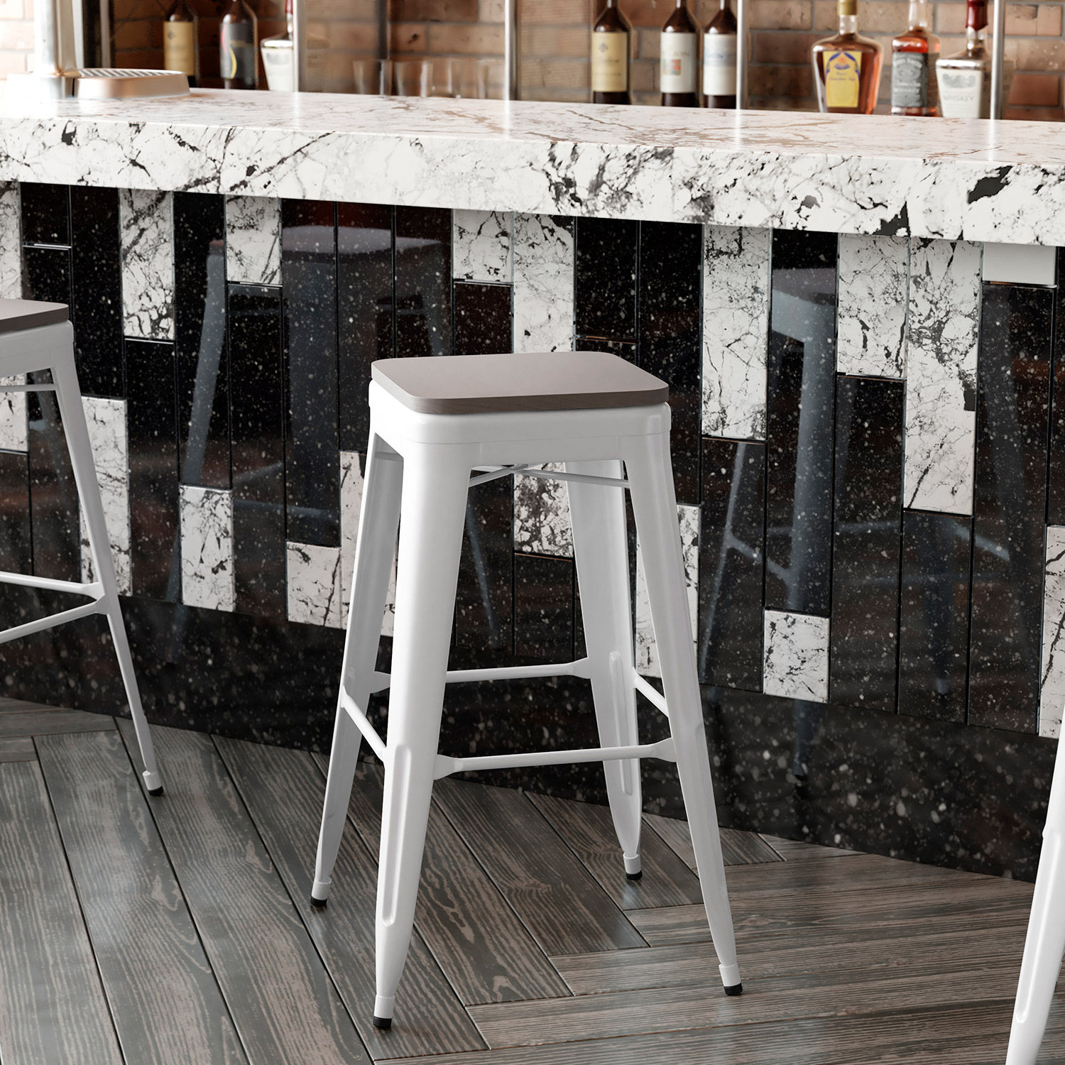 BLNK™ Kai Commercial Metal Backless Indoor-Outdoor Bar Stool with Poly Resin Wood Seat - White/Gray